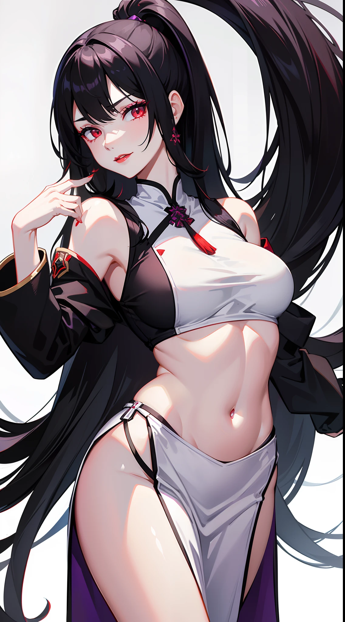 Grown-up girl, Long black hair with white strands, high ponytail, red eyes, purple lipstick, white chinese dress, Sleeveless, open breasts, open belly, smirk, Violet Flame, Masterpiece, hiquality, 4k, HD, Good detail