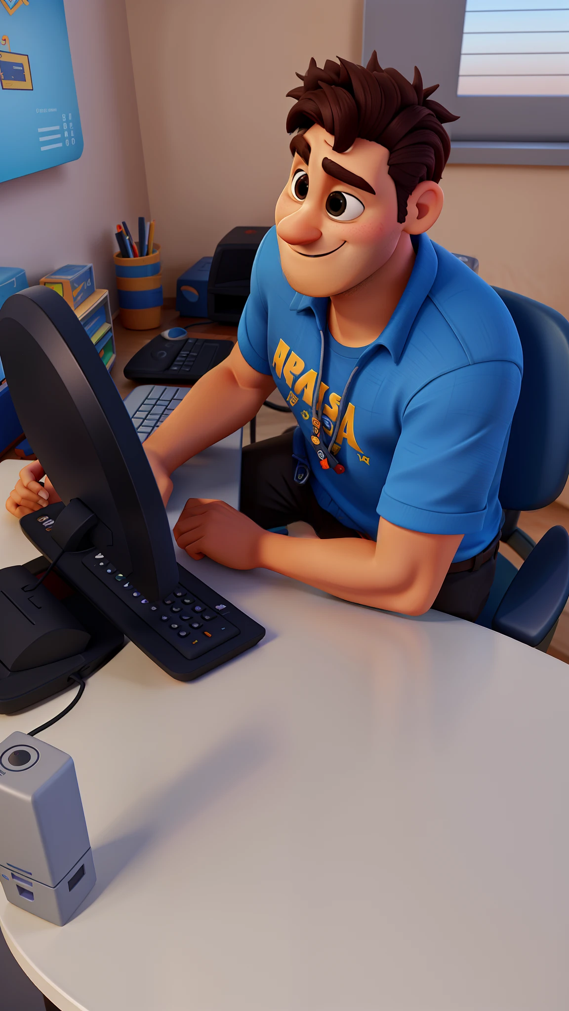 Uma homem com cracha, trabalho numa mesa com computador ,estilo Disney pixar, alta qualidade, melhor qualidade