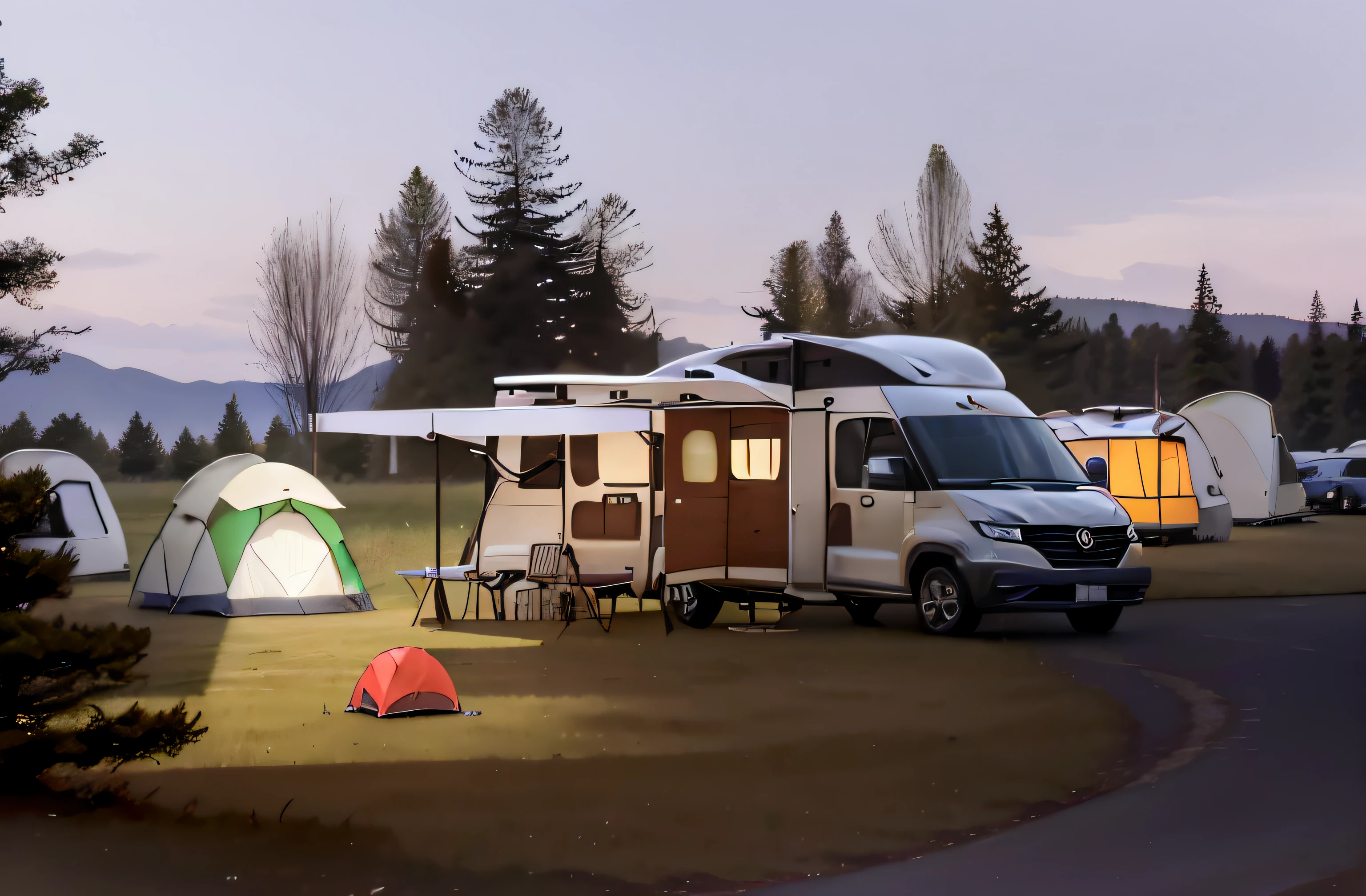 Close-up of a camper parked in a field near a forest, camping, glamping, luxurious environment, Chiba Yuda, LuxuryLifestyle, Next to the RV, in a scenic background,Realistic Unreal Engine's tranquil environment，Car Boot Camp，camp，Car Boot Camp，