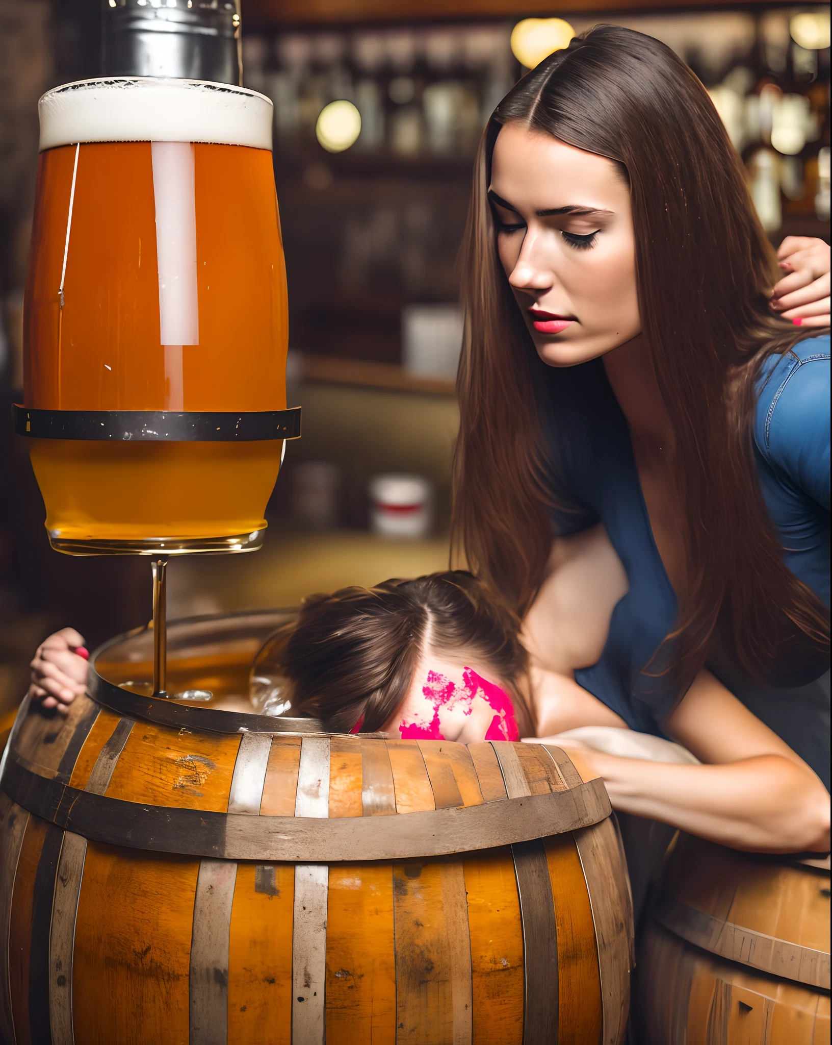 A young lady with brown hair is asleep in a bar. Her head is stuck in a barrel of beer. 3d. We can not see her face. Beer from other barrels is pouring everywhere, and drenching her. There are lipstick marks all over her.