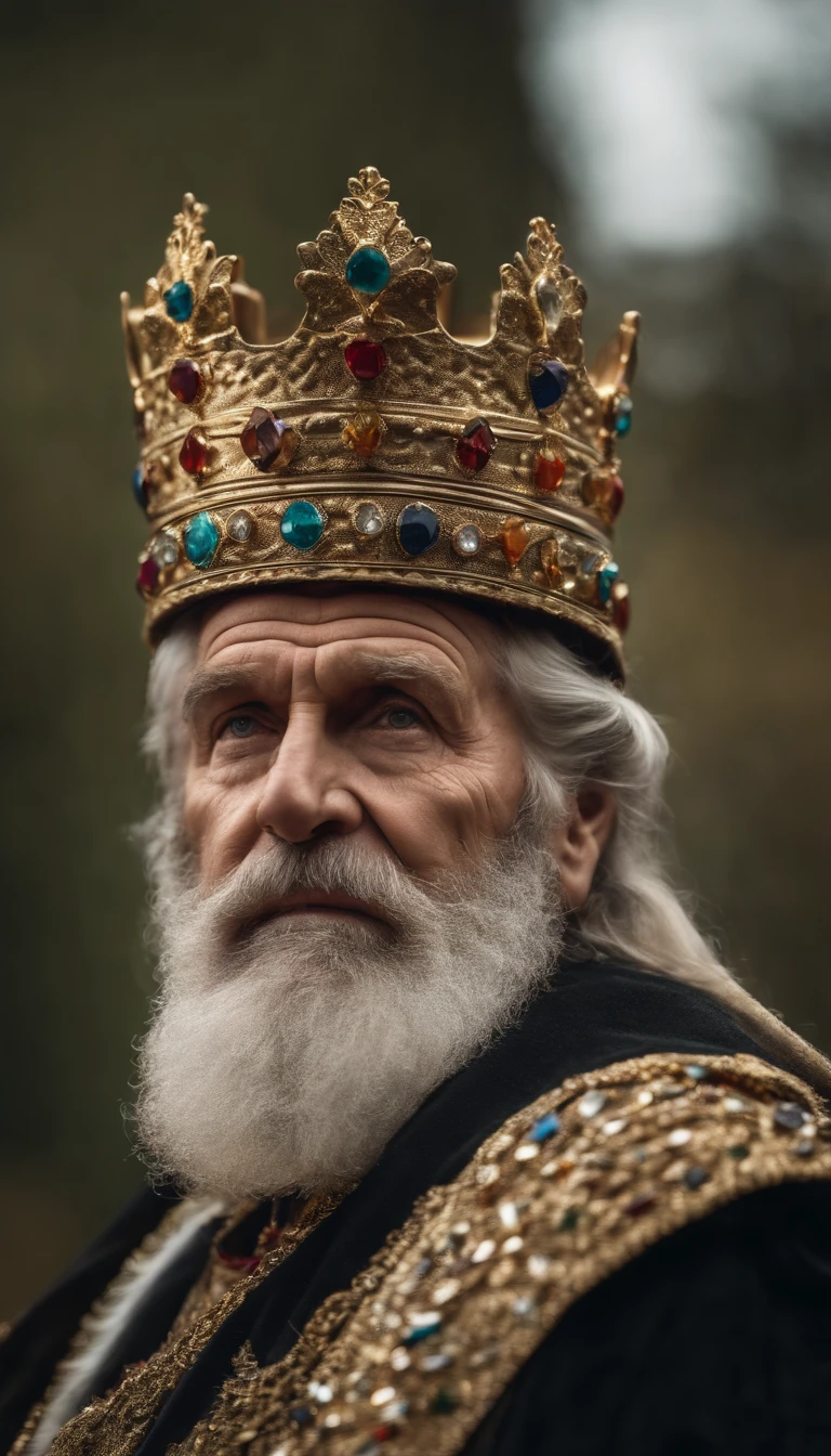 A portrait of an old king, bearded, wrinkled, weathered, with piercing eyes, a beautiful Golden crown full of multicolored glimmering jewels, detailed face, high details, photography, natural light, Nikon D850, 50mm, f/1.4