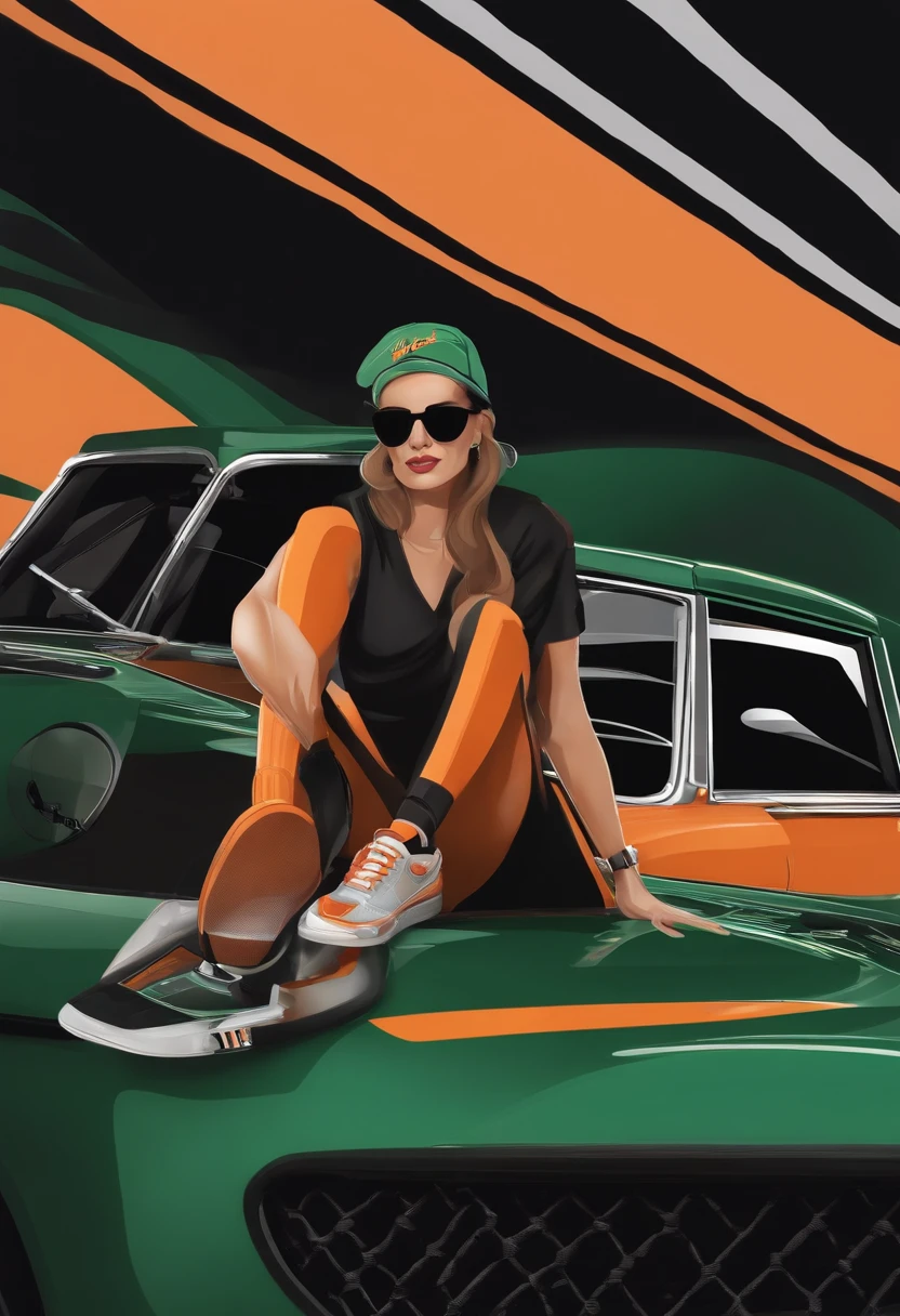 Pixar-inspired 3D poster on a racetrack next to a black Mercedes AMG GT4 with neon orange stripe.I wear an orange cap with the mercedes brand in the center. I'm wearing black running suit, escrito Dipa Di Pietro na cintura,  com faixa lateral laranja neon e logotipo mercedes no lado esquerdo, sapatilhas preta. 60 anos, 1,86 m  de altura, costeletas longas, pele morena clara, olhos verdes acinzentados, Black Rectangular Rayban Glasses, rosto com maxilar quadrado, cabelo curto