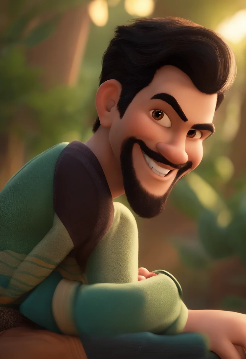 Imagem de um homem, em formato Pixar, com cabelo preto , Asian eyes and big smile and failed beard, magro e baixo