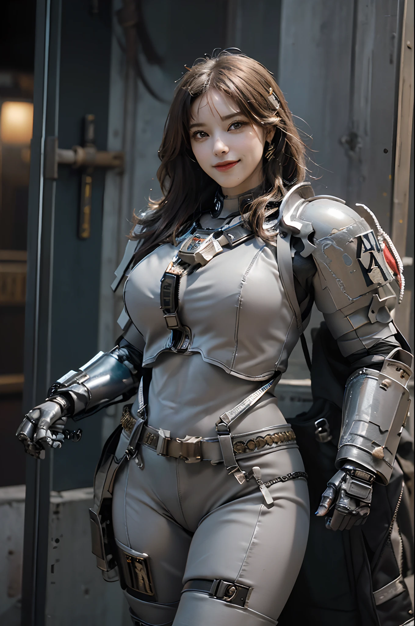 (Highest image quality, outstanding details, ultra-high resolution), 1 girl, suit((futuristic military outfit, GKT, grey knights terminator armour, military harness, military gears such as pouches)), (glamour body, curvy body, buffed and muscular body, tight abs, ), background military base, bright smile with pleasure and excitement, dynamic pose, dramatic lighting, full body shot