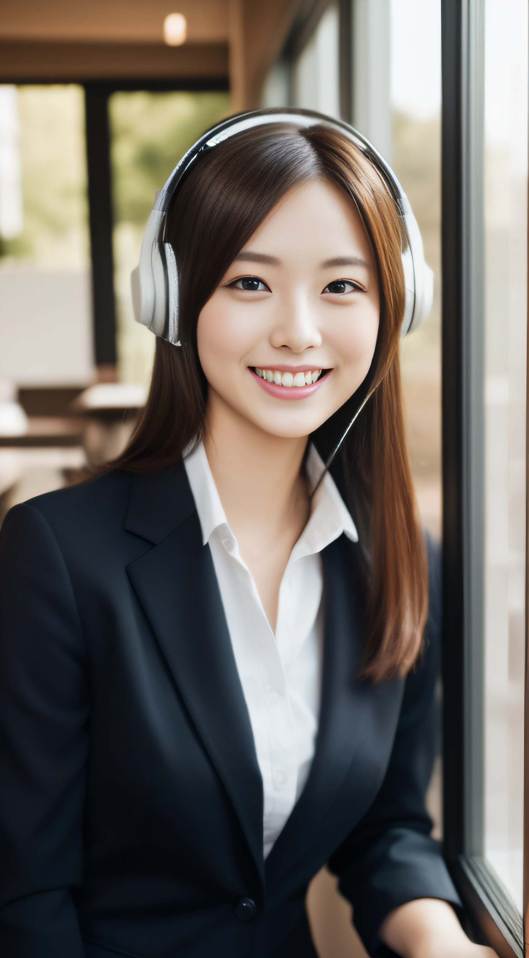 The face is a hostess、Wearing a headset、business jacket、hiquality、A hyper-realistic、healthy、Smiling expression、Slender perfect figure、Japan beauties、beautidful eyes、face perfect、Beautiful skin、by the window、desk
