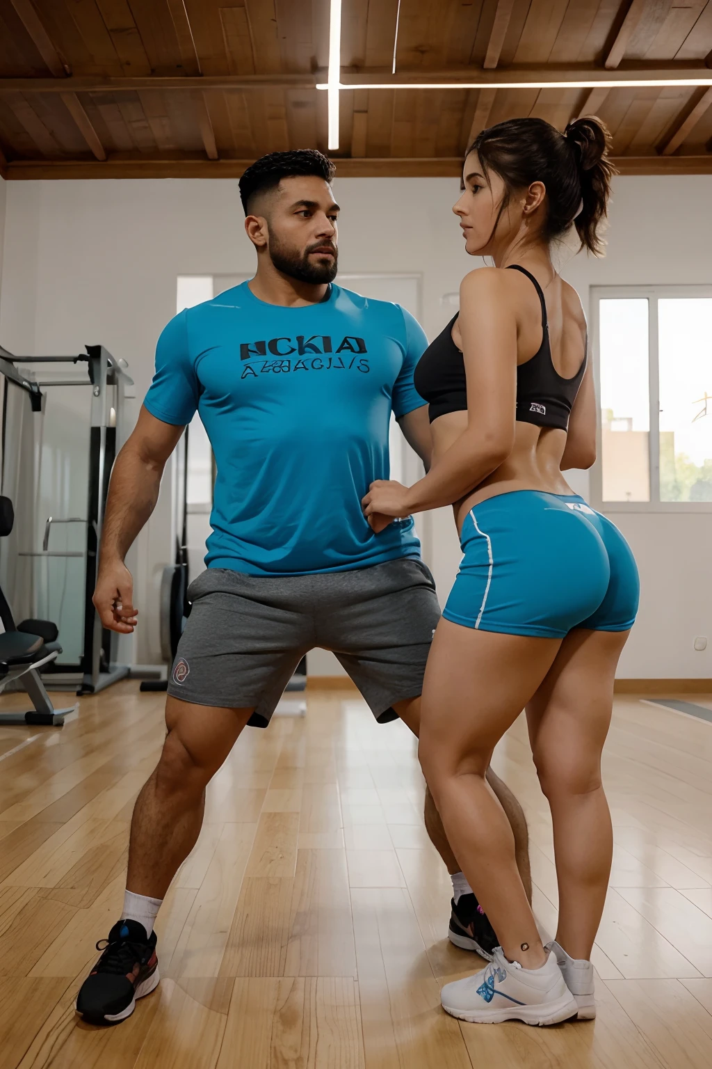 hombre y mujer haciendo ejercicios juntos de fondo un gimnasio con maquinas de hacer ejercicios ambos lucen ropa apropiada para hacer ejercicios