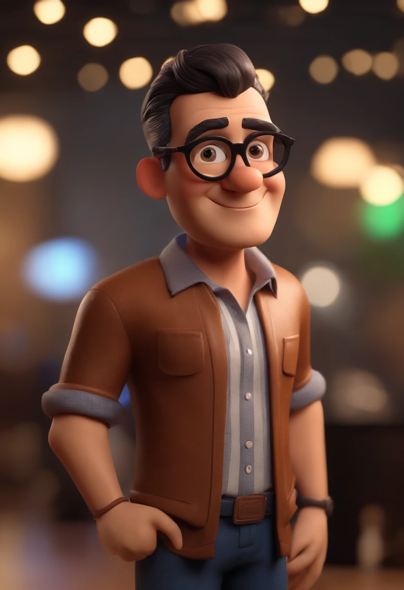 Cartoon character of a man with black round glasses, com barba preta,e uma camiseta preta, animation character, Caractere estilizado, animation style rendering, 3D estilizado, Arnold Maya render, 3 d render stylized, toon render keyshot, Personagem 3D, Personagem 3D, 3d rendering stylized, 3 d character render, personagem de desenho animado, Personagem de close up, Pose de personagem,  (Estilo Pixar) (master part:1.2) (Bokeh) (best quality) (pele detalhada) (textura detalhada) (8k) (argila) (Cinematic lighting) (foco nítido
