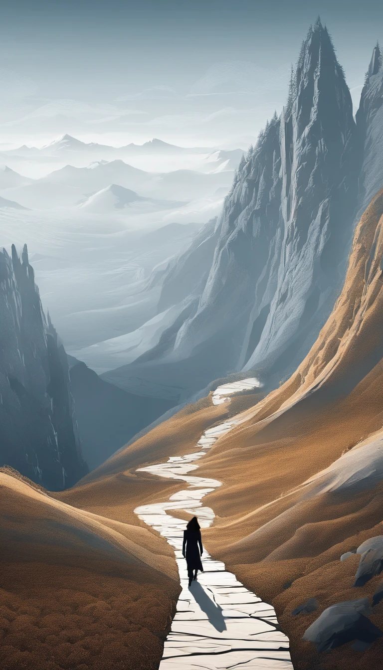there is a woman standing on a path in the mountains, a detailed matte painting, fantasy art, a wanderer on a mountain, wanderer above the sea of fog, cinematic matte art, wallpaper 4k, elegant cinematic fantasy art, epic dreamlike fantasy landscape