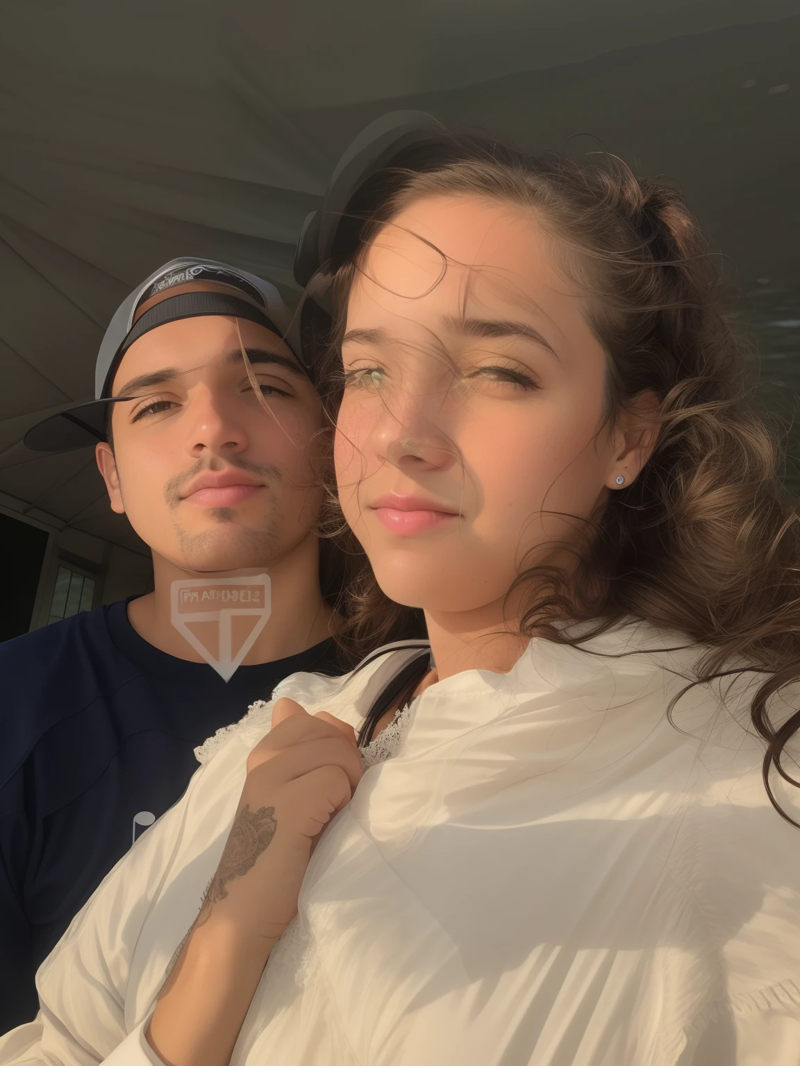 They are posing for a photo in a park with a lake in the background, Parque em segundo plano, com um parque ao fundo, Fotografia selfie 8k, 4 k post, Postagem 4k, belos arredores, par, Retrato tirado 8 K, no parque, retrato de casais, imagem de qualidade muito baixa, em um campo de futebol, imagem de perfil, facebook post