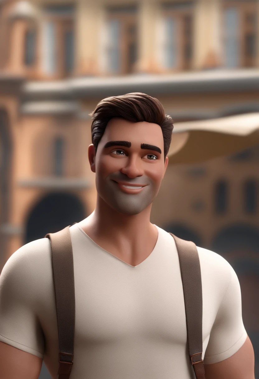 personagem dos desenhos animados de um homem feliz, homem de pele marrom clara, cabelo curto, sem cabelo, pele marrom, rosto arredondado, olhos marrons, barba pequena, olhos puxados, nariz pequeno, sobrancelha grossa, very thin lips, boca bem pequena, animation character, Caractere estilizado, animation style rendering, 3D estilizado, Arnold Maya render, 3 d render stylized, toon render keyshot, Personagem 3D, Personagem 3D, 3d rendering stylized, 3 d character render, personagem de desenho animado, Personagem de close up, Pose de personagem, (Estilo Pixar) (master part:1.2) (Bokeh) (melhor qualidade) (pele detalhada) (textura detalhada) (8k) (argila) (Cinematic lighting) (foco nítido