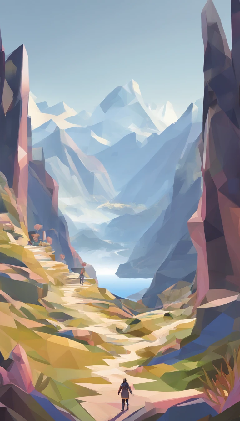 there is a woman standing on a path in the mountains, a detailed matte painting, fantasy art, a wanderer on a mountain, wanderer above the sea of fog, cinematic matte art, wallpaper 4k, elegant cinematic fantasy art, epic dreamlike fantasy landscape