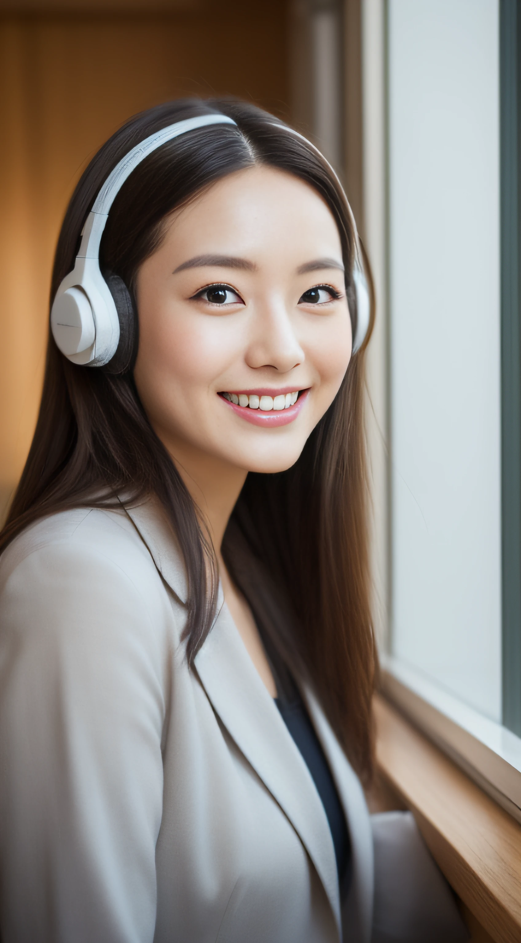 The face is a hostess、Wearing a headset、business jacket、hiquality、A hyper-realistic、healthy、Smiling expression、Slender perfect figure、Japan beauties、beautidful eyes、face perfect、Beautiful skin、by the window、desk
