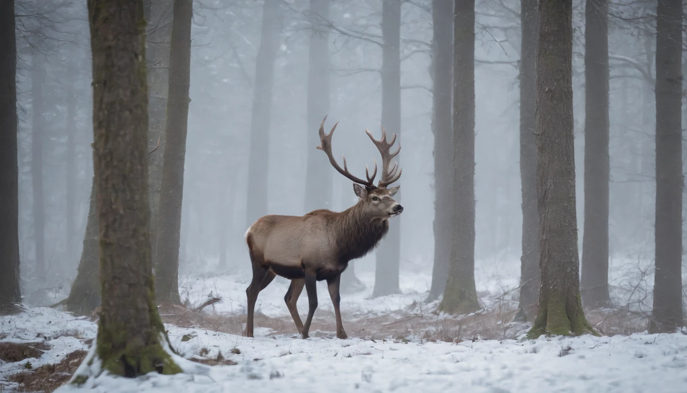 (an ancient, gothic, snowy medieval Hungarian forest),(great majestic stag emerges from the forest line),(night,cinematic,8k,scene from horror film),(eerie,gothic),(cinematic scene from film)