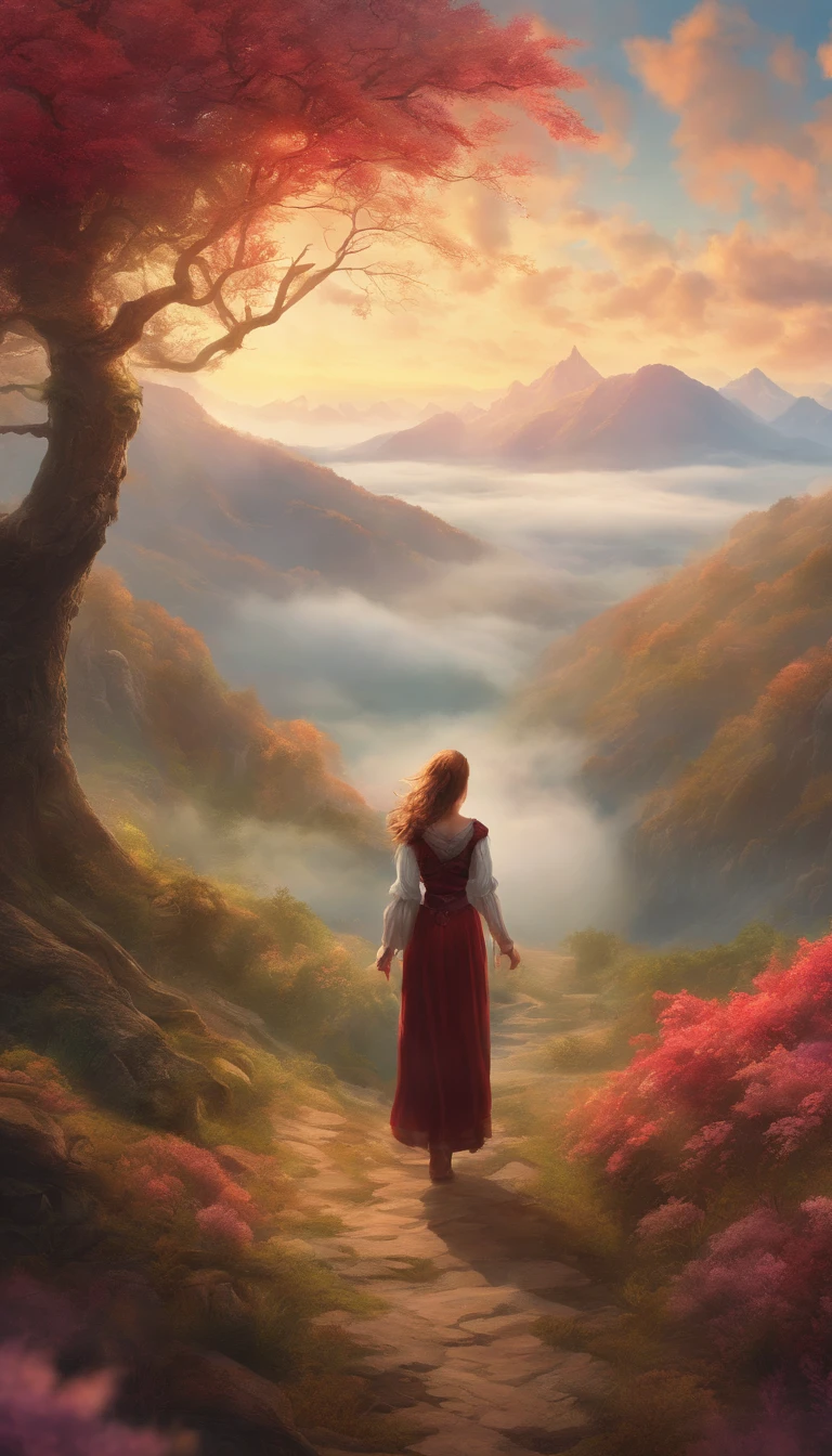 there is a woman standing on a path in the mountains, a detailed matte painting, fantasy art, a wanderer on a mountain, wanderer above the sea of fog, cinematic matte art, wallpaper 4k, elegant cinematic fantasy art, epic dreamlike fantasy landscape