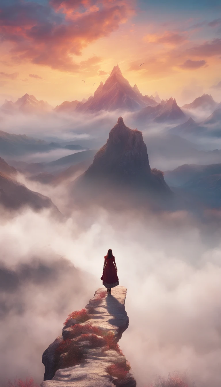 there is a woman standing on a path in the mountains, a detailed matte painting, fantasy art, a wanderer on a mountain, wanderer above the sea of fog, cinematic matte art, wallpaper 4k, elegant cinematic fantasy art, epic dreamlike fantasy landscape