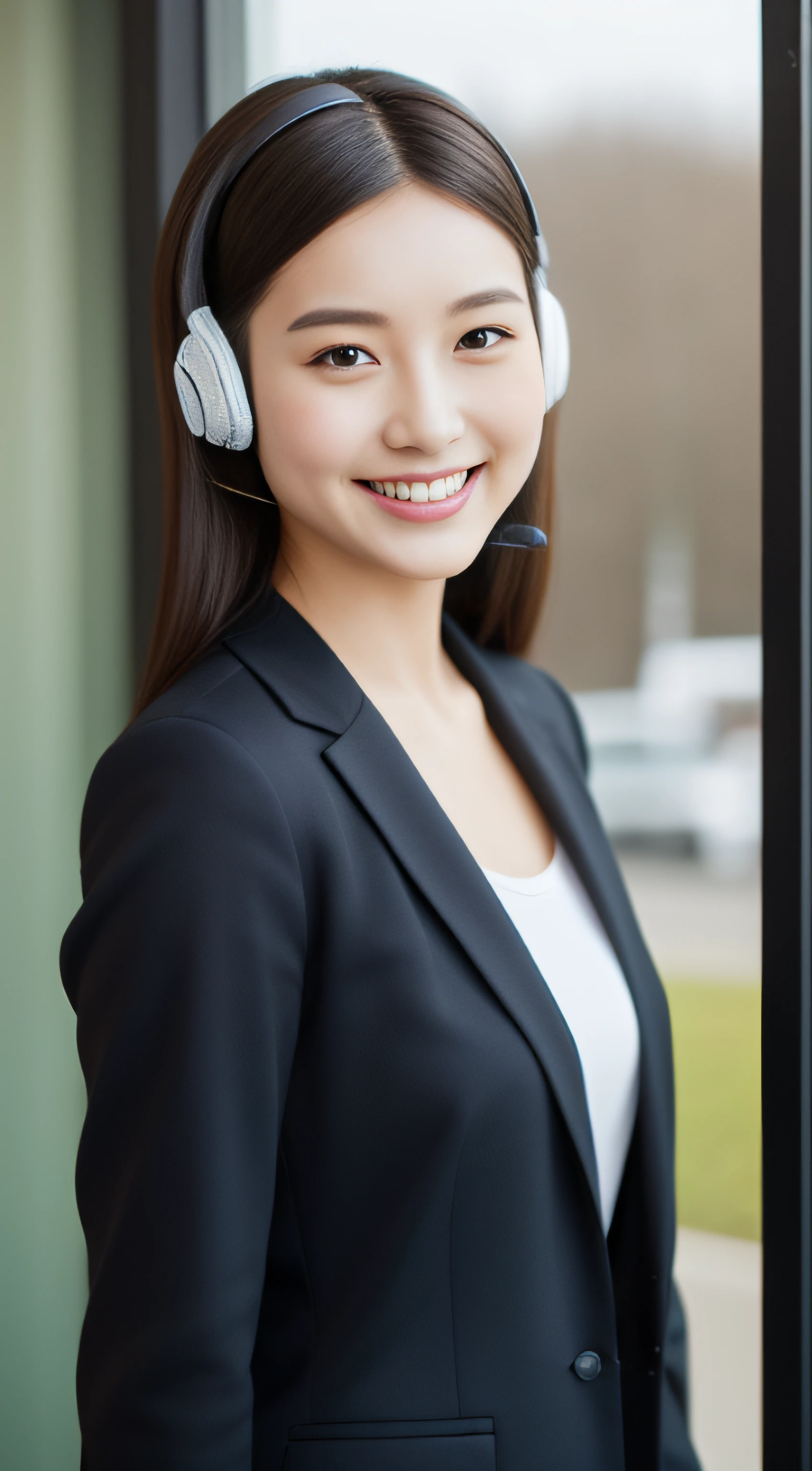 The face is a hostess、Wearing a headset、business jacket、hiquality、A hyper-realistic、healthy、Smiling expression、Slender perfect figure、Japan beauties、beautidful eyes、face perfect、Beautiful skin、by the window、s Office