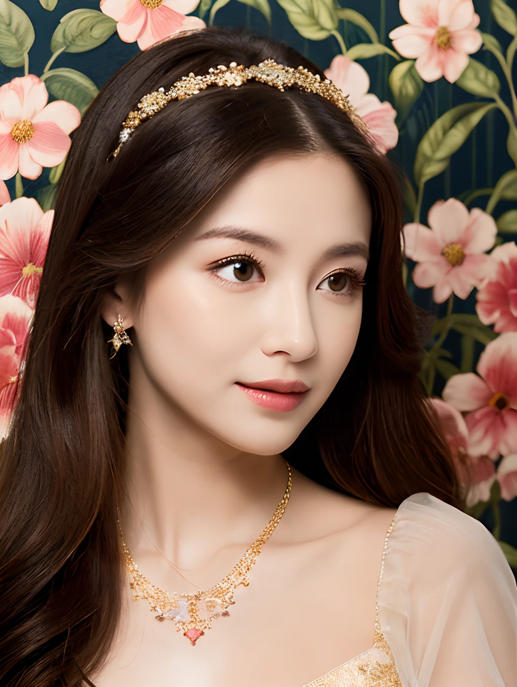 A beautiful woman is looking at me with a gentle expression. Around her neck is a jeweled pendant and necklace. Her head is covered with beautiful jewels and beautiful flowers and gold wire. She raises her arms and the fingertips of her hands are touching her lips. The background is a three-dimensional floral wallpaper screen. Realistic portraits, beautiful light and shadow effects, full color. Supervised by Lillian Basman.