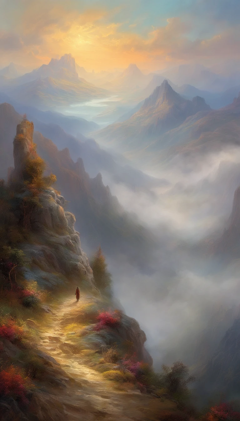 there is a woman standing on a path in the mountains, a detailed matte painting, fantasy art, a wanderer on a mountain, wanderer above the sea of fog, cinematic matte art, wallpaper 4k, elegant cinematic fantasy art, epic dreamlike fantasy landscape