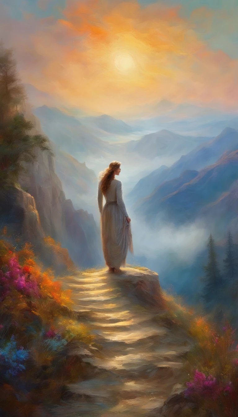 there is a woman standing on a path in the mountains, a detailed matte painting, fantasy art, a wanderer on a mountain, wanderer above the sea of fog, cinematic matte art, wallpaper 4k, elegant cinematic fantasy art, epic dreamlike fantasy landscape