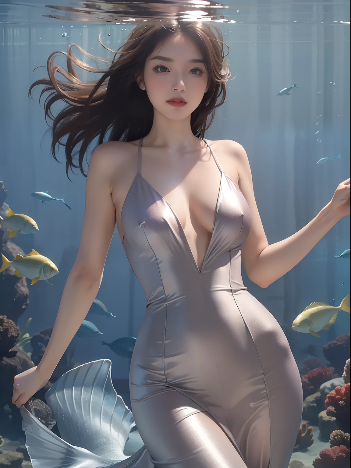 Masterpiece, Best quality,1girll,Upper body,Photorealistic,8K Raw photograph,Midjourney style,Underwater world！，Mermaid princess，Dress normally