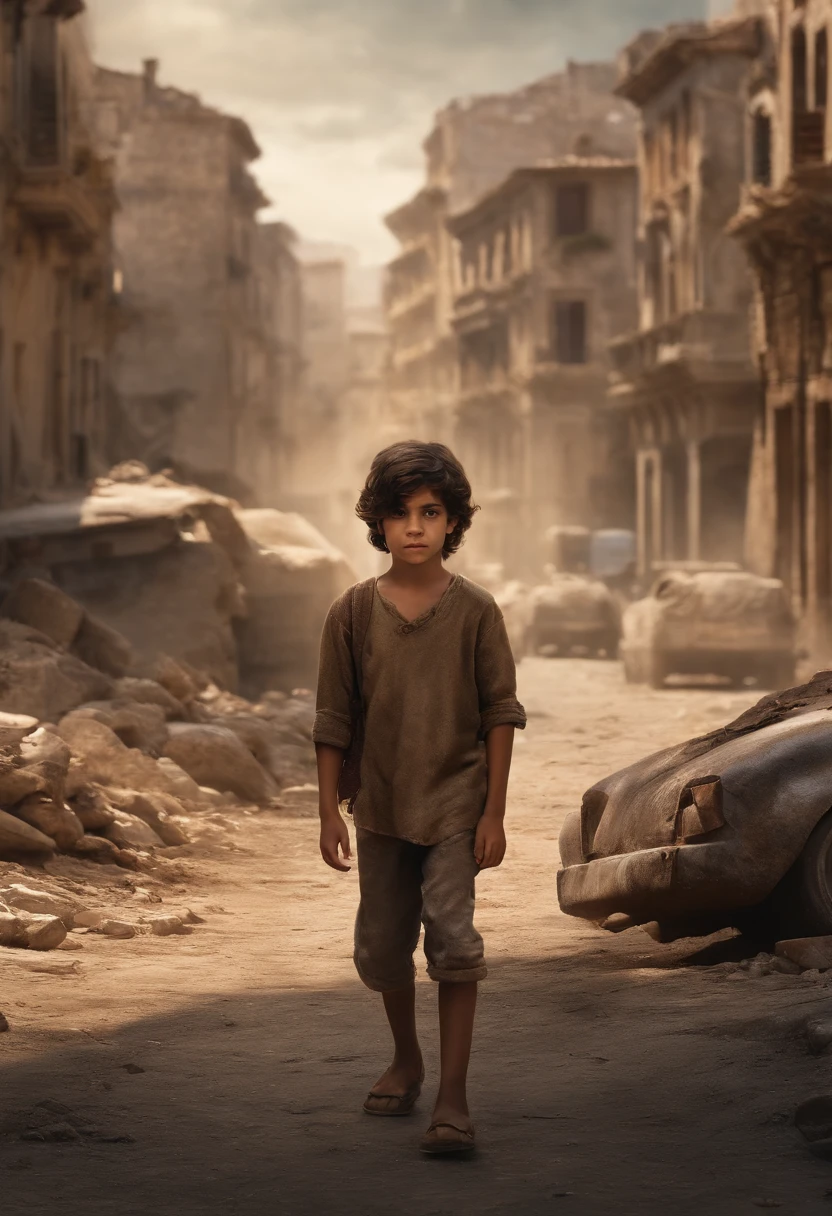 Photorealistic scene with a boy in the foreground, about , with Mediterranean features, dirty black hair, disheveled, dirty, with a brown tunic that is also dirty and wrinkled, lost and tearful look. In the background you can see buildings, streets, cars, in ruins and some bonfires visible in a plane with Gaussian blur. Photorealistic 8K UHD scene and High Dynamic Range