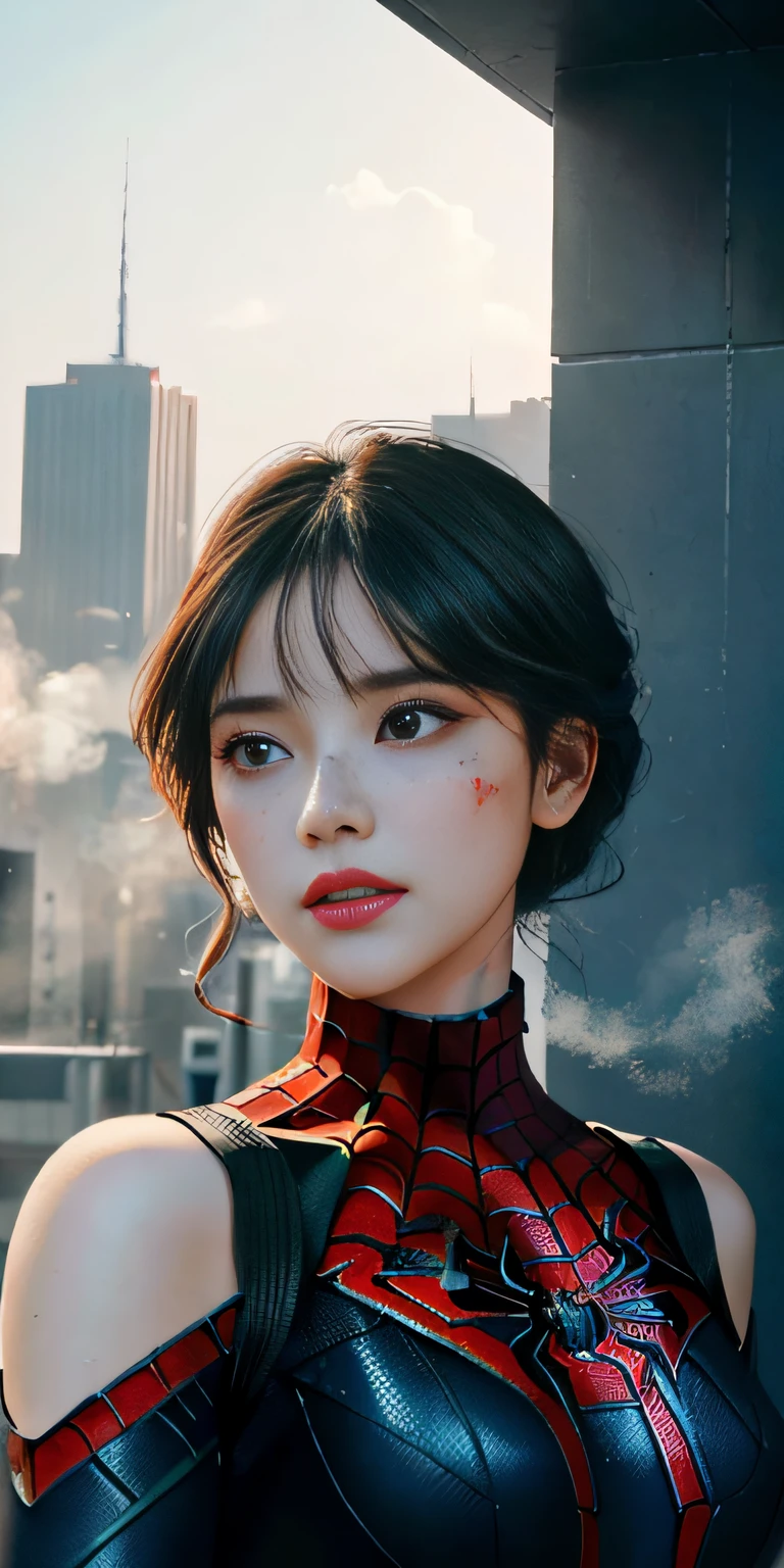 (1girl:1.3), Solo, (((Very detailed face)))), ((Very detailed eyes and face)))), Beautiful detail eyes, Body parts__, Official art, Unified 8k wallpaper, Super detailed, beautiful and beautiful, beautiful, masterpiece, best quality, original, masterpiece, super fine photo, best quality, super high resolution, realistic realism, sunlight, full body portrait, amazing beauty, dynamic pose, delicate face, vibrant eyes, (from the front), She wears Spider-Man suit, red and black color scheme, spider, very detailed city roof background, rooftop, overlooking the city, detailed face, detailed complex busy background, messy, gorgeous, milky white, highly detailed skin, realistic skin details, visible pores, clear focus, volumetric fog, 8k uhd, DSLR, high quality, film grain, fair skin, photo realism, lomography, futuristic dystopian megalopolis, translucent ,