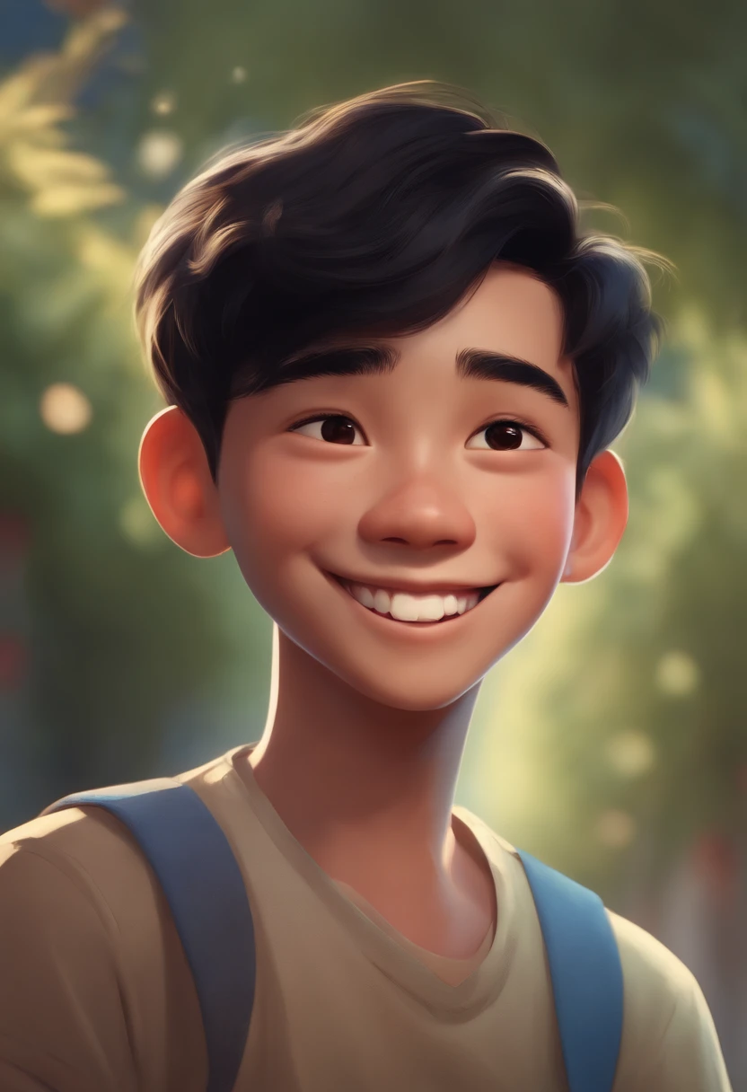 (best quality,highres),Pixar-style illustration,thin and short body,A boy with black hair,Asian eyes and big smile,failed beard