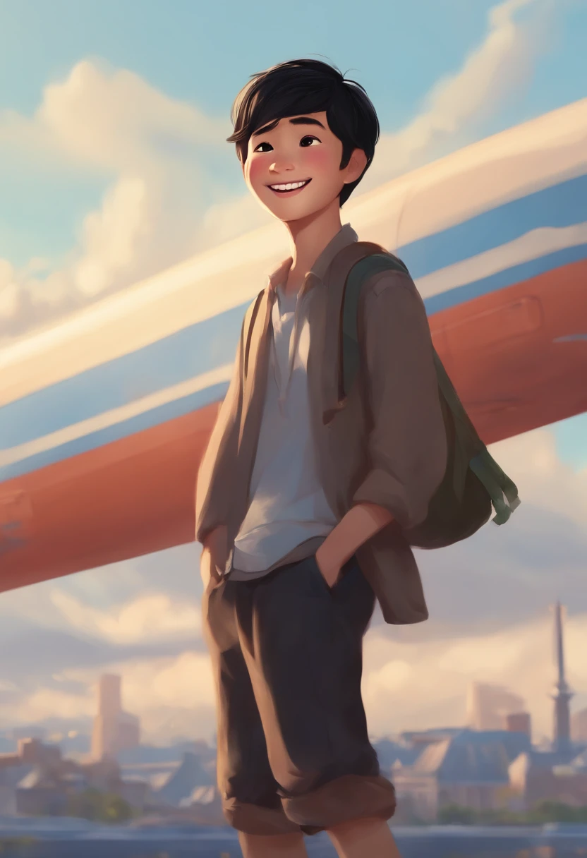 (best quality,highres),Pixar-style illustration,thin and short body,A boy with black hair,Asian eyes and big smile,failed beard
