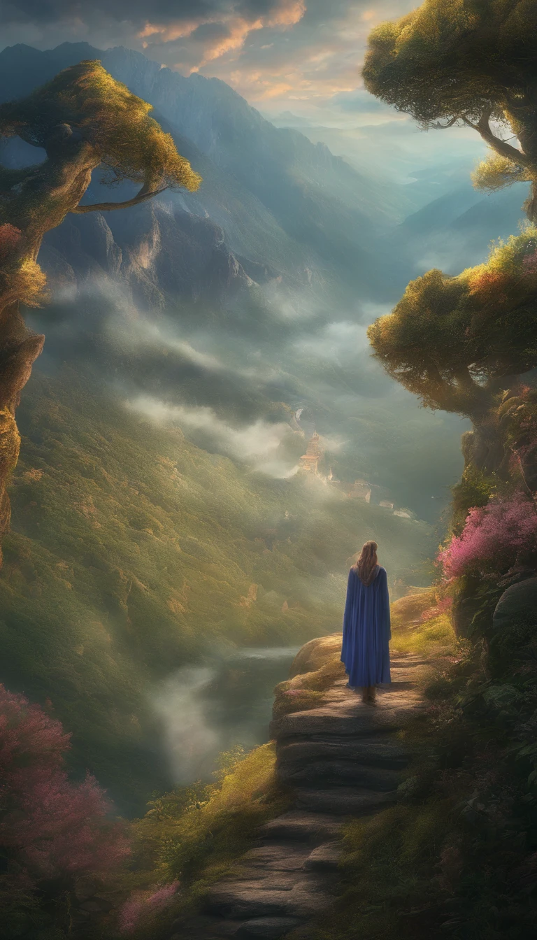 there is a woman standing on a path in the mountains, a detailed matte painting, fantasy art, a wanderer on a mountain, wanderer above the sea of fog, cinematic matte art, wallpaper 4k, elegant cinematic fantasy art, epic dreamlike fantasy landscape