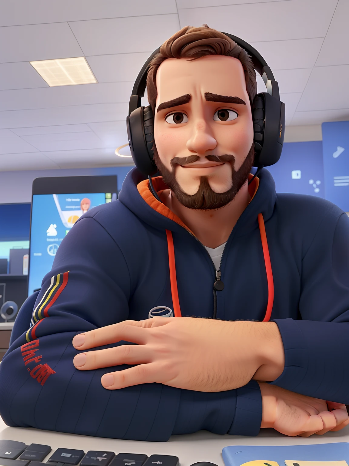 Um jovem, loiro, de olhos azuis, pouca barba, Arms crossed and wearing a headset.