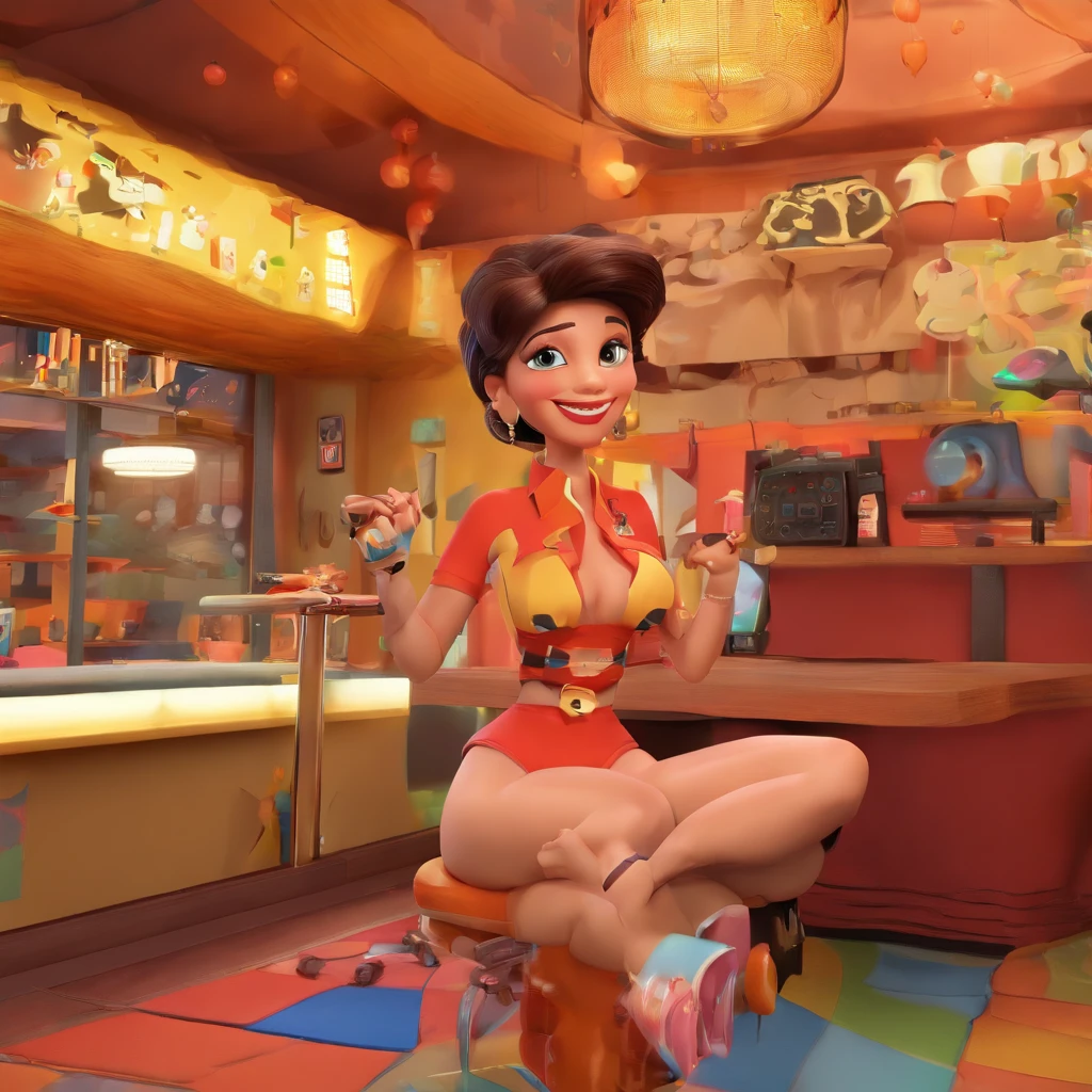 create a 3D movie poster inspired by Disney Pixar, The scene should be in Pixar's signature digital art style, com uma imagem caricatural que lembra a cantora brasileira "Anita" in the prone position, Wearing a bikini while a tattoo artist is sitting tattooing with a giant ring on one hand, inside a tattoo parlor.