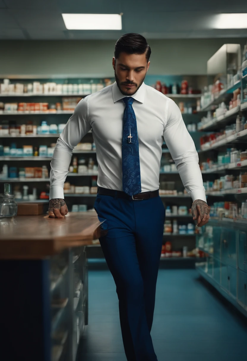 garoto levemente oriental, moreno usando camisa azul claro manga, With dark blue tie with Maori tattoo of left arm in a pharmacy