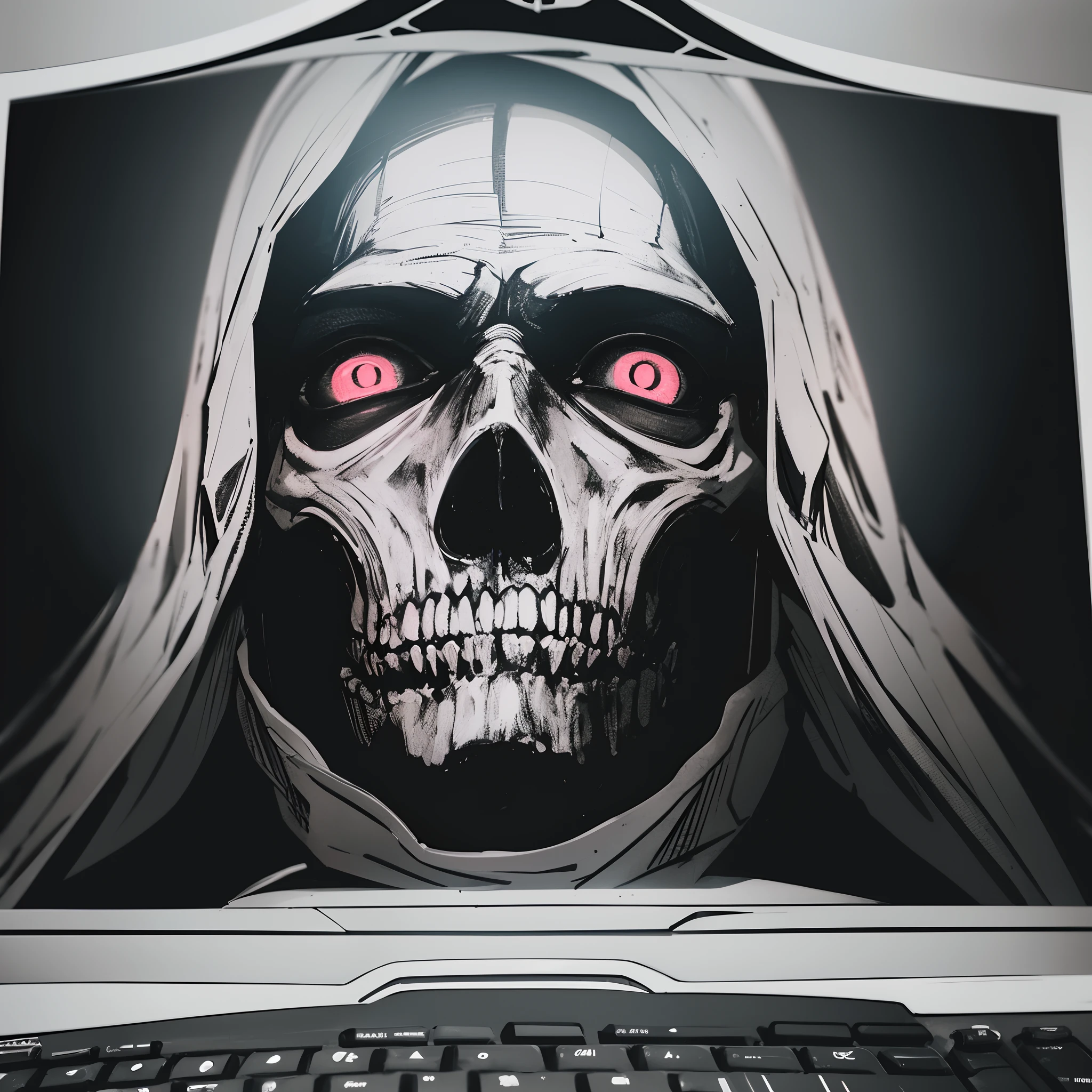 A imagem da Morte, utilizando uma capa preta com o capuz escondendo seu rosto, em um quarto escuro sentada em frente ao computador, Holding a live stream, darker setting where death is the focus of the image