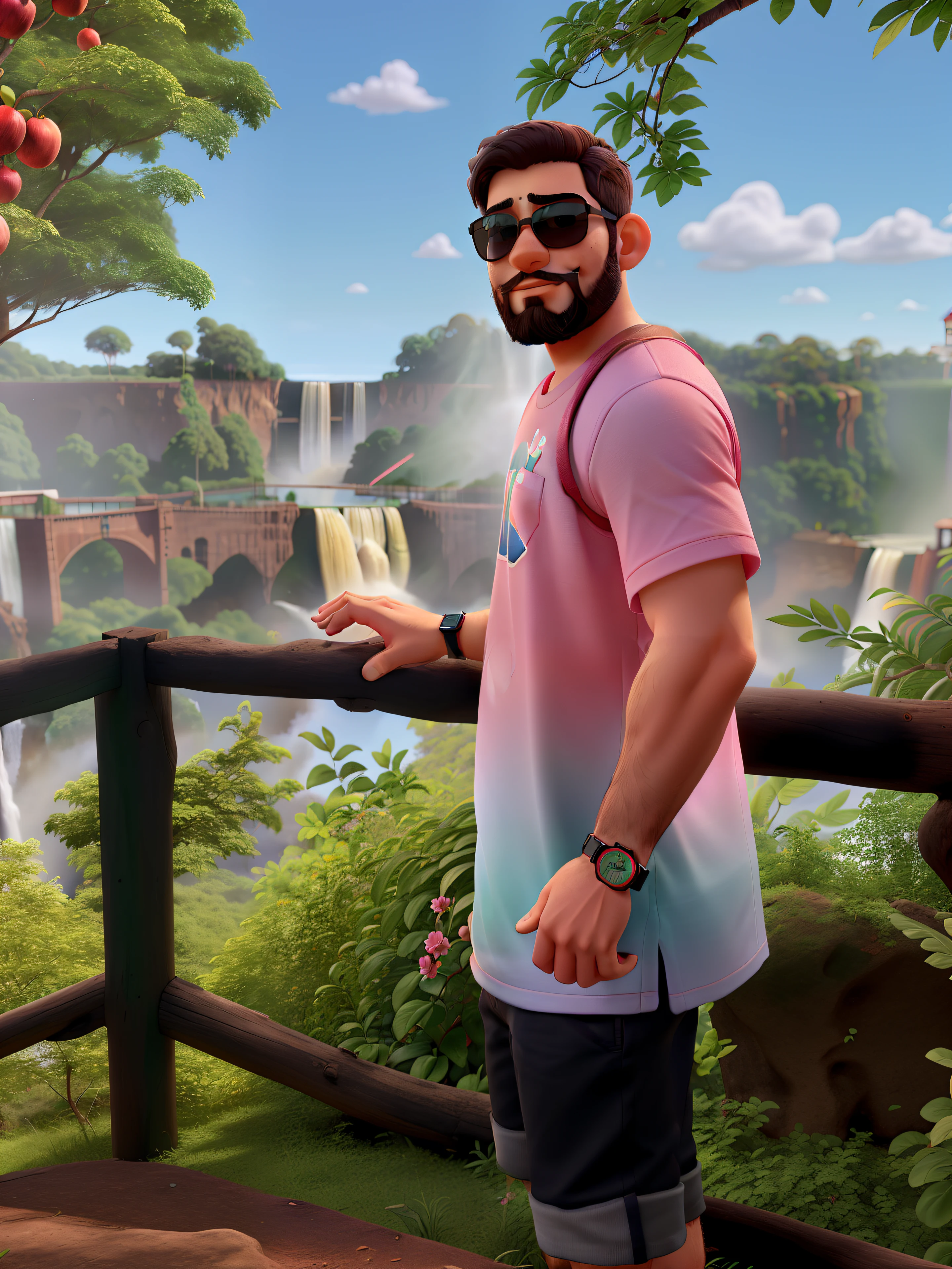 Um de camiseta rosa, With a beard and hair cut in gradient and sunglasses, Apple Watch in a vegetation environment and the Iguazu Falls in the background