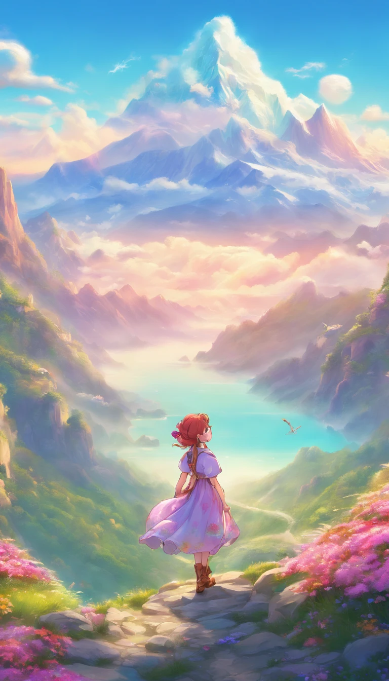 there is a woman standing on a path in the mountains, a detailed matte painting, fantasy art, a wanderer on a mountain, wanderer above the sea of fog, cinematic matte art, wallpaper 4k, elegant cinematic fantasy art, epic dreamlike fantasy landscape