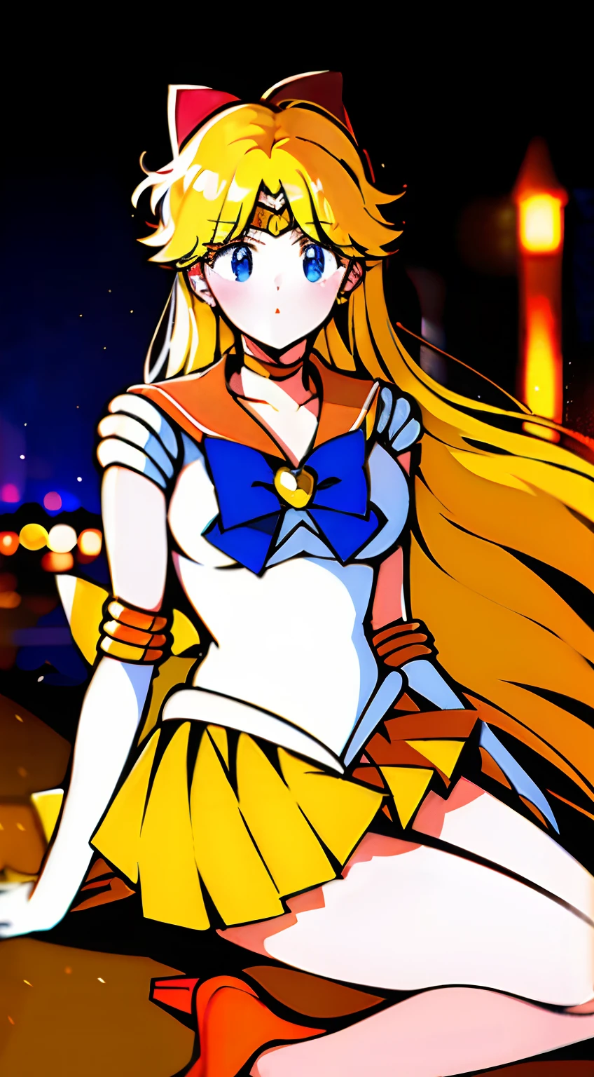 ((masterpiece:1.4)、(top-quality:1.4)、(reallistic:1.7))、sailorvenus、masuter piece:1.4、Physical education sitting,Show panties,s girl、Knees raised and panties look good、(Sailor Moon:1.4)、sitting on、Open your knees wide from side to side、Spread legs,Show white panties,、Glossy panties、Ultra mini skirt、White panty、sailorvenus、Body Fit Sexy Sailor Senshi Uniform、an orange、White panty、(latex shiny)、Ultra mini skirt、White panty、(The jacket is a white sleeveless sailor suit)、(Skirt Orange Sexy Mini Skirt)、The collar of the sailor suit is blue with two thin lines.、high leg swimsuit、Red cloth ornament at chest、(Wearing white gloves)、Kawaii Girl、Super beauty、foco nítido、Portrait photos、Upper body photography:1.4、Beautiful expression、beautidful eyes、Narrow waist、(Yellow hair:1.4)、(length hair:1.2)、Raw photo、red-lips、Red high heels:1.4、a choker:1.4、a necklace:1.4、耳Nipple Ring:1.4、Luxurious golden tiara on forehead:1.4、1 screen display、Outdoor landscape