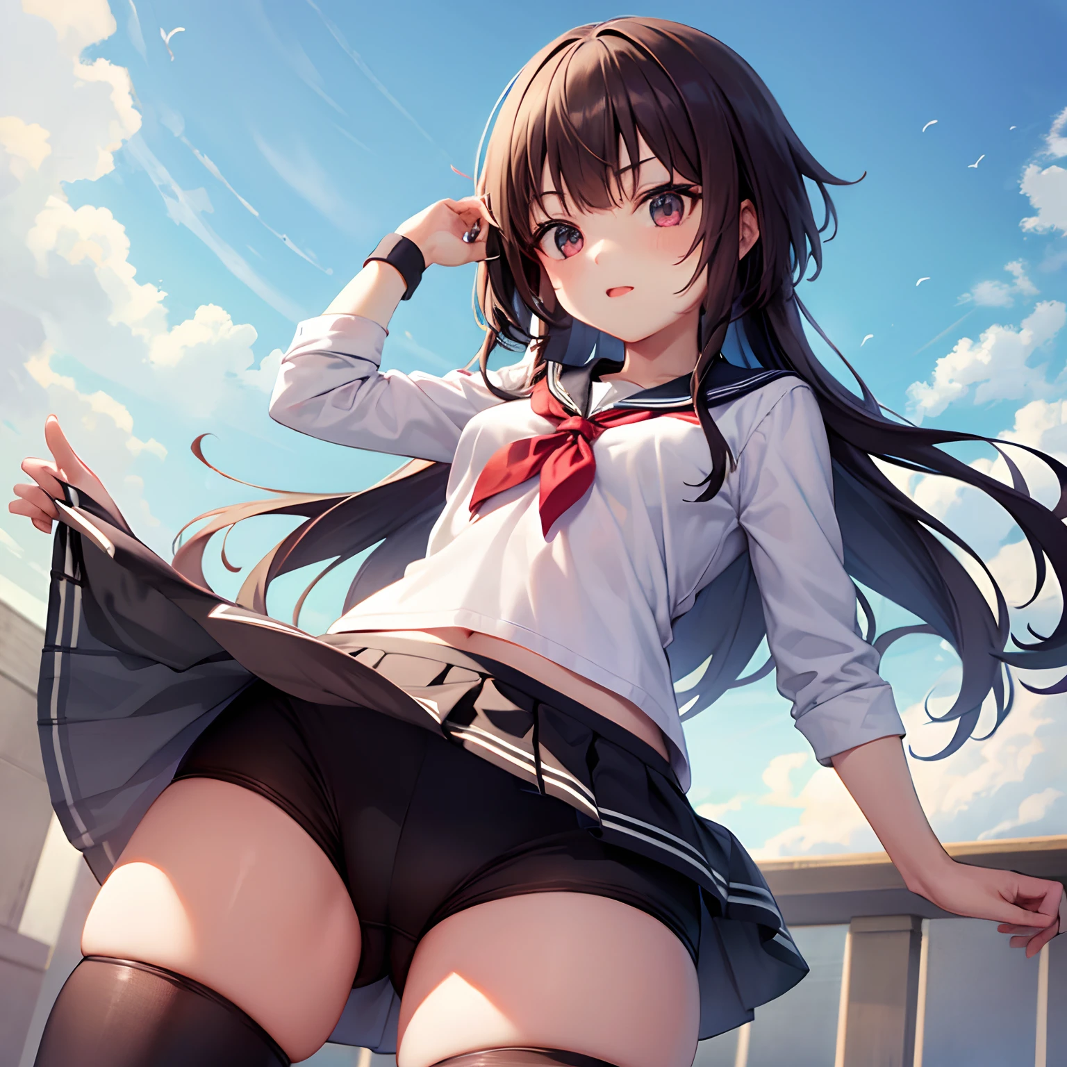 Beautiful girl, short skirt, sailor outfit, spandex shorts, small breasts, upskirt