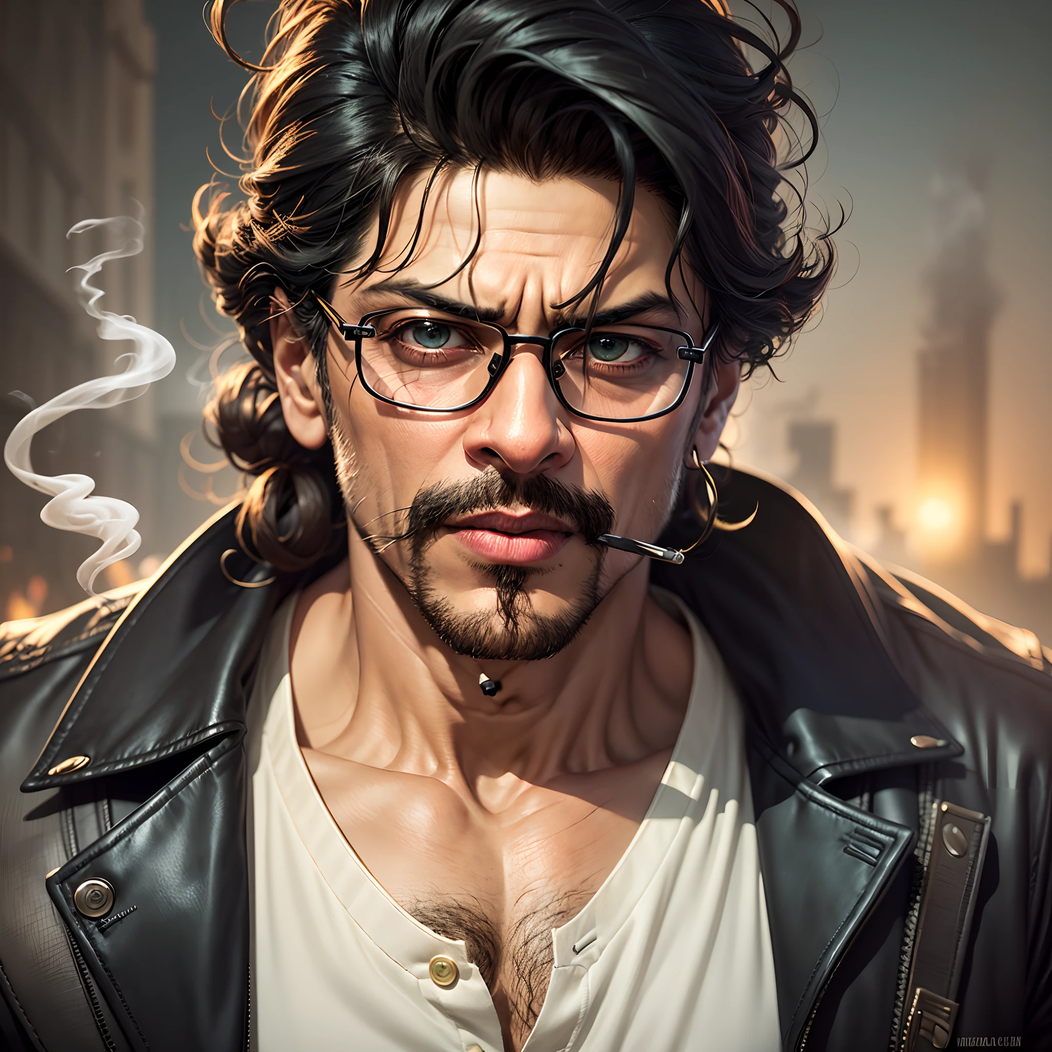 shahrukh khan as DON smoking and black shades of glasses and guns and man bun hairstye --auto --s2