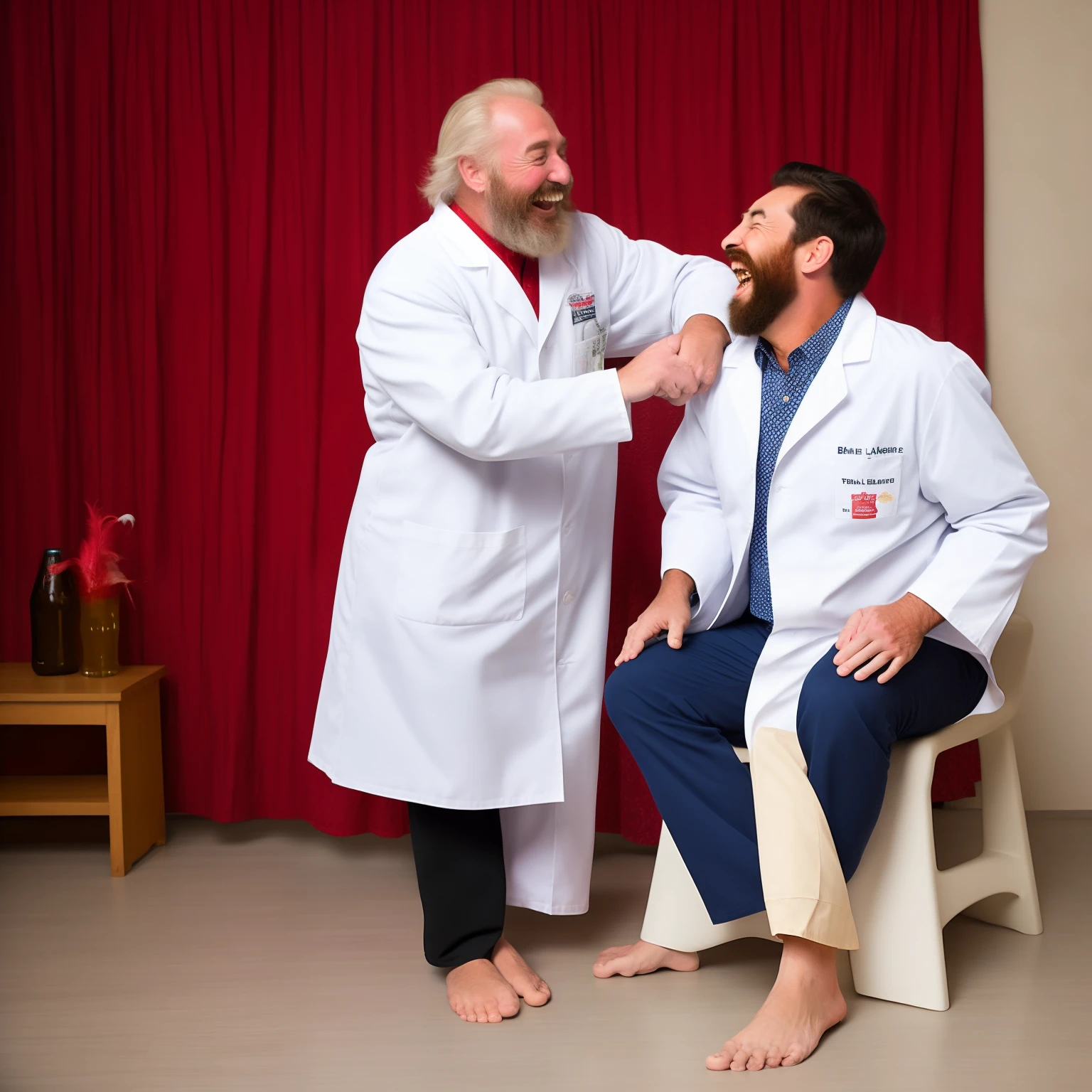 An old beer bellied bearded man wearing a white lab coat over a red shirt and has red pants on laughing while having his oversized big bare feet being tickled by feathers