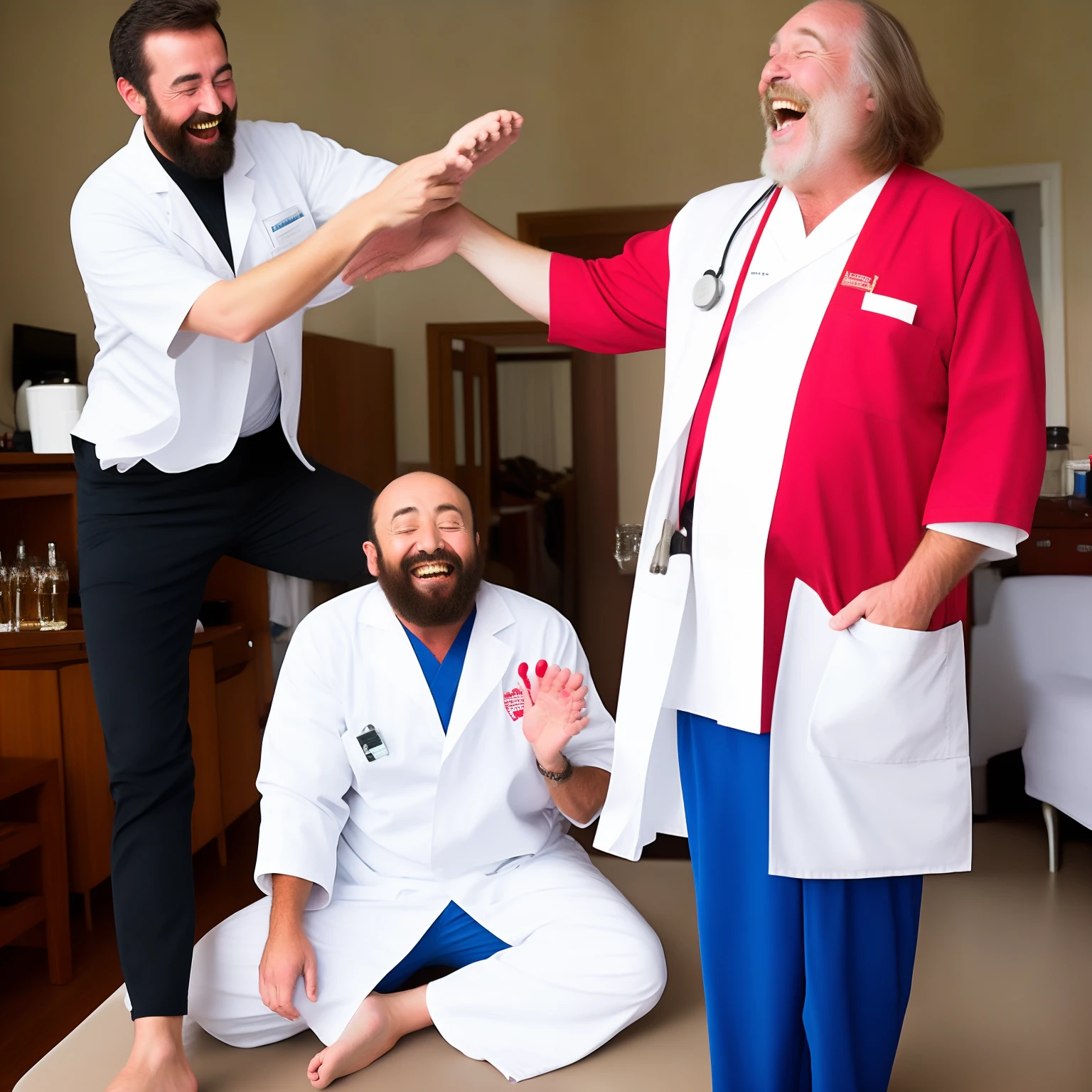 An old beer bellied bearded man wearing a white lab coat over a red shirt and has red pants on laughing while having his oversized big bare feet being tickled by feathers