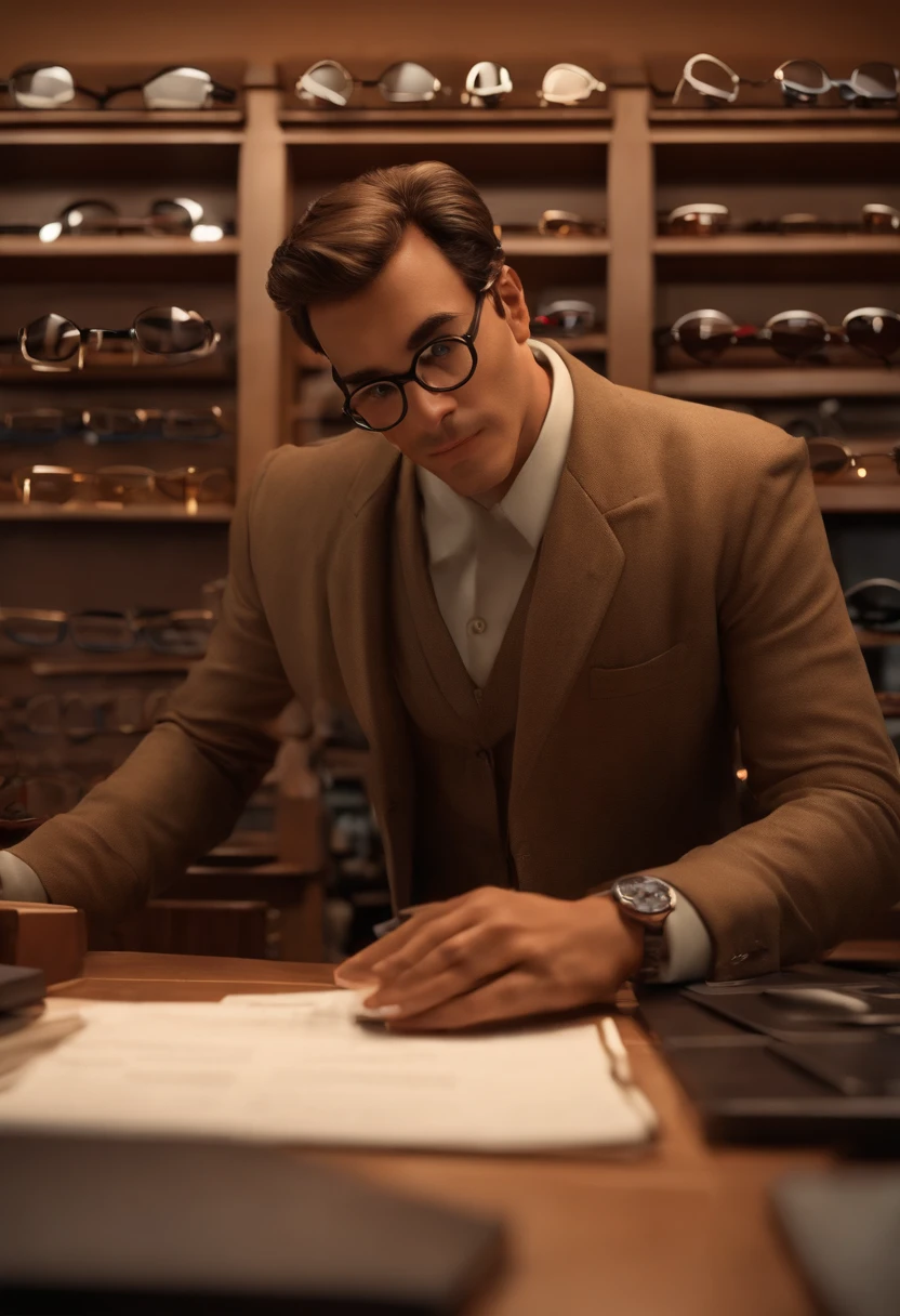 personagem dos desenhos animados, Man working in an optician as a clerk in the eyewear store. Personagem de close up, Pose de personagem, (Estilo Pixar) (master part:1.2) (Bokeh) (best quality) (pele detalhada) (textura detalhada) (8k) (argila) (Cinematic lighting) (foco nítido