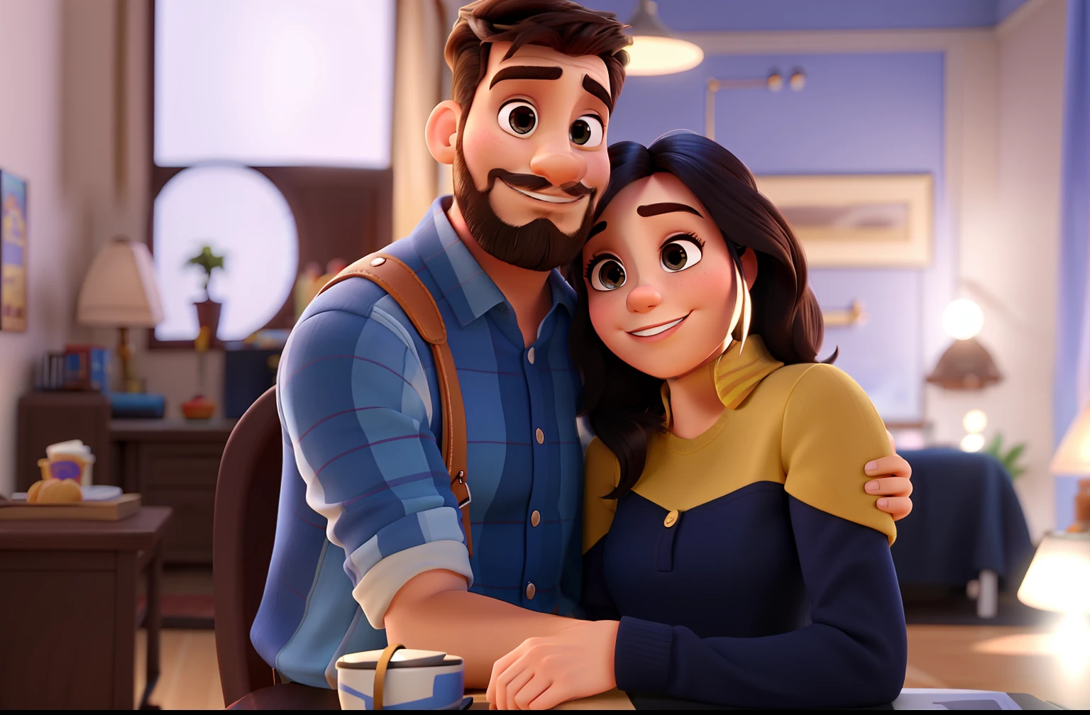 casal homem barba e mulher cabelos encaracolados no estilo Disney Pixar, alta qualidade, melhor qualidade