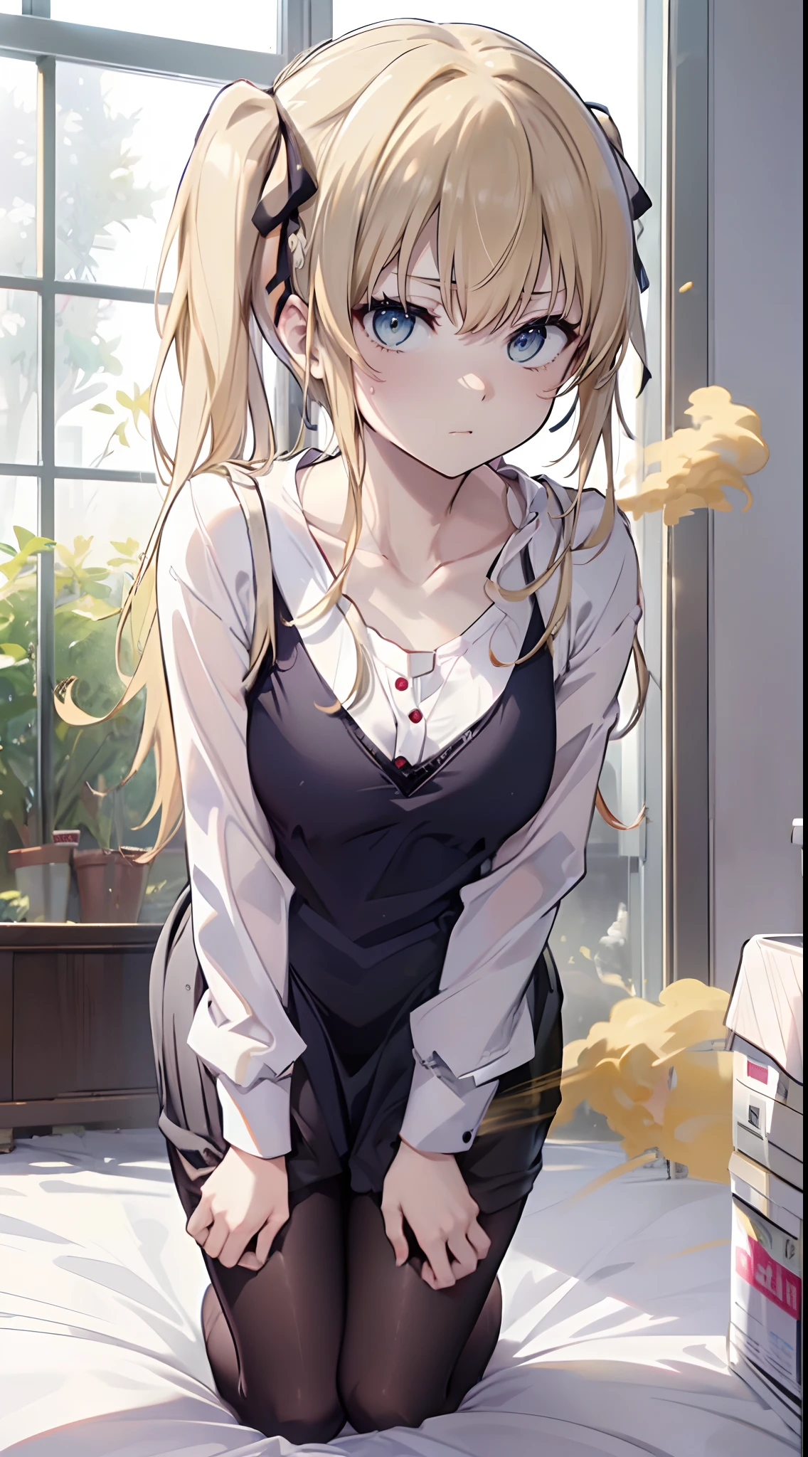 ((masutepiece, hight resolution,depth of fields, 4K,nffsw,))),Sawamura Spencer Eri々,a blond,Twin-tailed,Girl fart,You are smelling bad smells,Yellow smoke,Leaning forward,all-fours