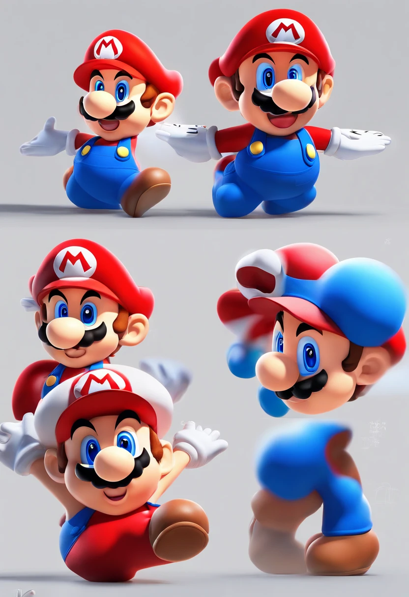 (Mario), character design, Nintendo Super Mario, (blue eyes, red hat, red suit, blue suspenders, white gloves, )super cute blind box style, chibi, full body, exaggerated expressions and actions, clean background, bright iridescent highlights, studio lighting, atmospheric lighting, with exquisite texture, high detail, high resolution, c4d, 3D, Blender, 8k, best quality, ultra high definition