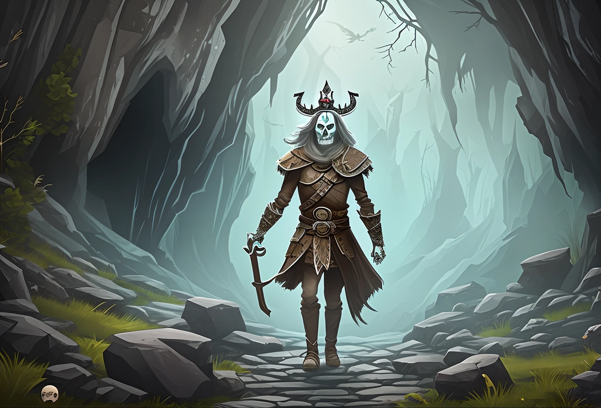create an animated scene of a ghost with full skeleton body, eyes missing, loosy hair, wear a Viking shoot and a crown in the head chasing a woman in the Rocky cave tomb --auto --s2