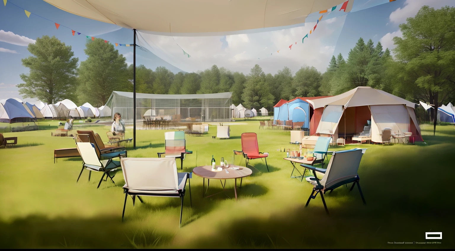 There are many chairs and tables on the grass under the tent, glamping, camping, author：Gavin Nolan, enscape render, photo from 2022, interior of a tent, author：Judith Gutierrez, photorender, Ground view shooting, realistic scene, highly rendered!!, author：Sebastian Franks, tent architecture, wide establishing shot, camp, hyper realisitc