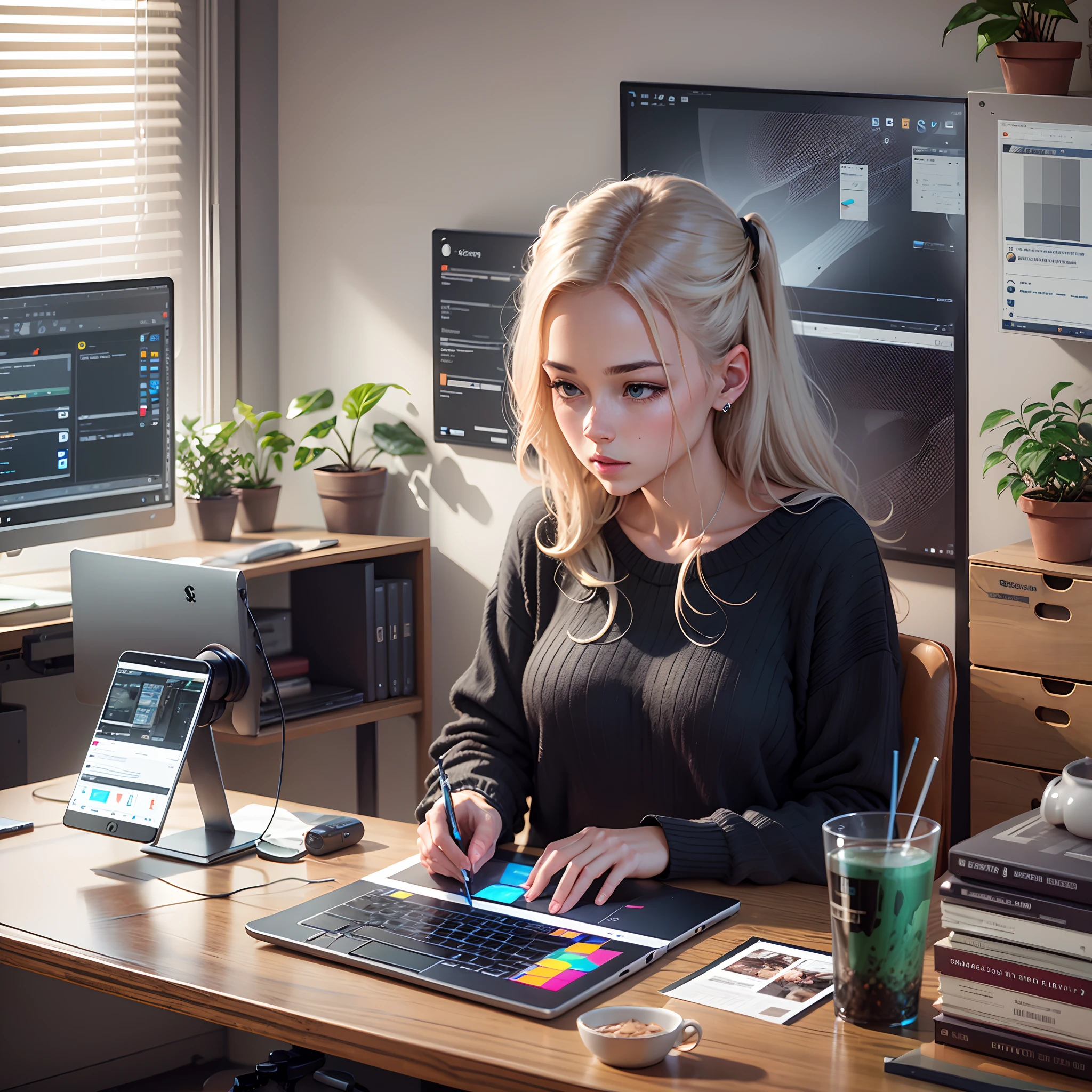 a graphic designer typing in laptop in an office --auto --s2