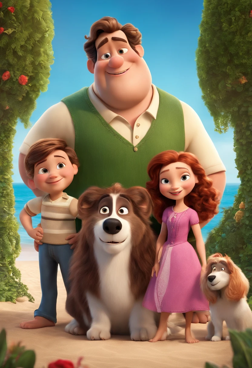 a Disney Pixar movie poster showing a white-skinned family. The father is the tallest,careca, grande porte,Tem barba grande preta, moreno. The mother has brown eyes and hair, shoulder-length and is slightly overweight. A tem 6 anos, magrinha e cabelos castanhos cacheados, roupa rosa e rabos de cavalo. The background is a beach garden. 3D-rendering