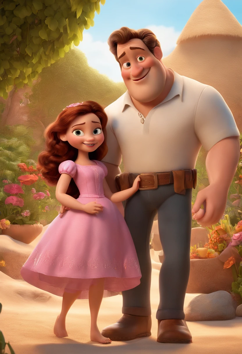 a Disney Pixar movie poster showing a white-skinned family. The father is the tallest,careca, grande porte,Tem barba grande preta, moreno. The mother has brown eyes and hair, shoulder-length and is slightly overweight. A tem 6 anos, magrinha e cabelos castanhos cacheados, roupa rosa e rabos de cavalo. The background is a beach garden. 3D-rendering