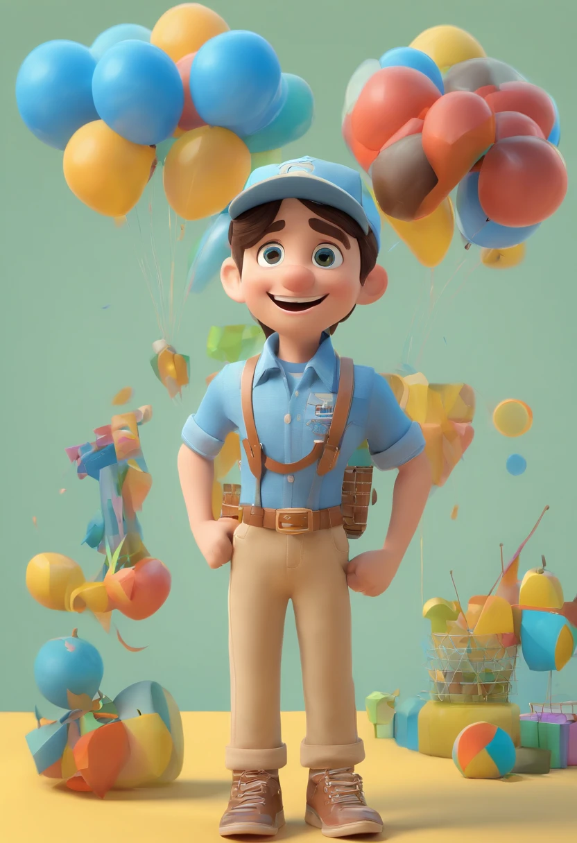 Desenho animado de uma jovem morena vestindo roupa social, cabelos cacheado curto, Holding a Guitar 3D Animation Movie Poster, Poster de filme animado, pixar 3 d animation style, pixar renderman rendering, maia 8 mil, animated film, Disney Pixar Estilo 3D, amigos felizes saem juntos, all wearing light blue shirts and cream brown long pants, camisa azul clara, cream brown pants, ao ar livre, vacation, Disney Pixar Animation Poster